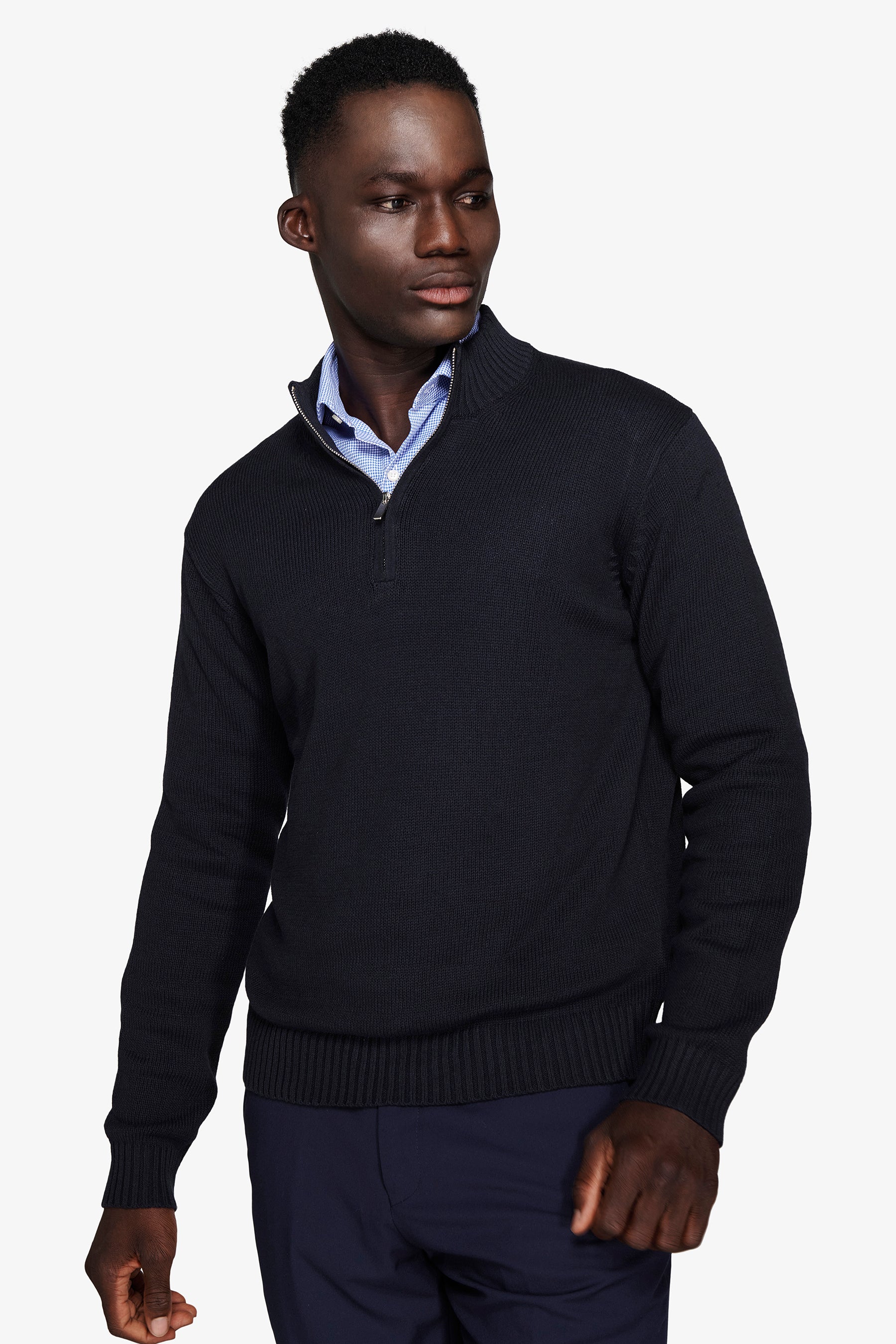 Blue half zip knit sweater