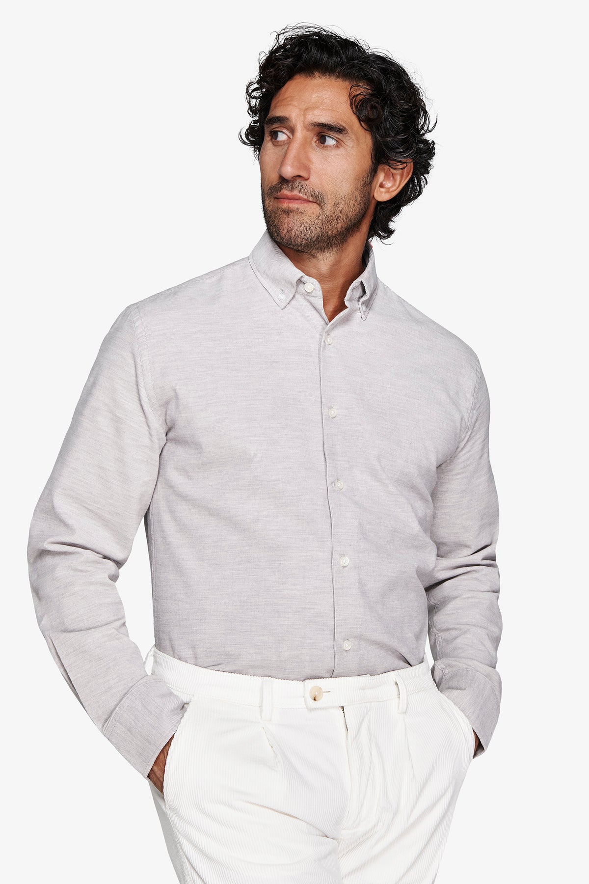 CAMICIA VELLUTO BOTTON DOWN GRIGIO CHIARO-Dan John