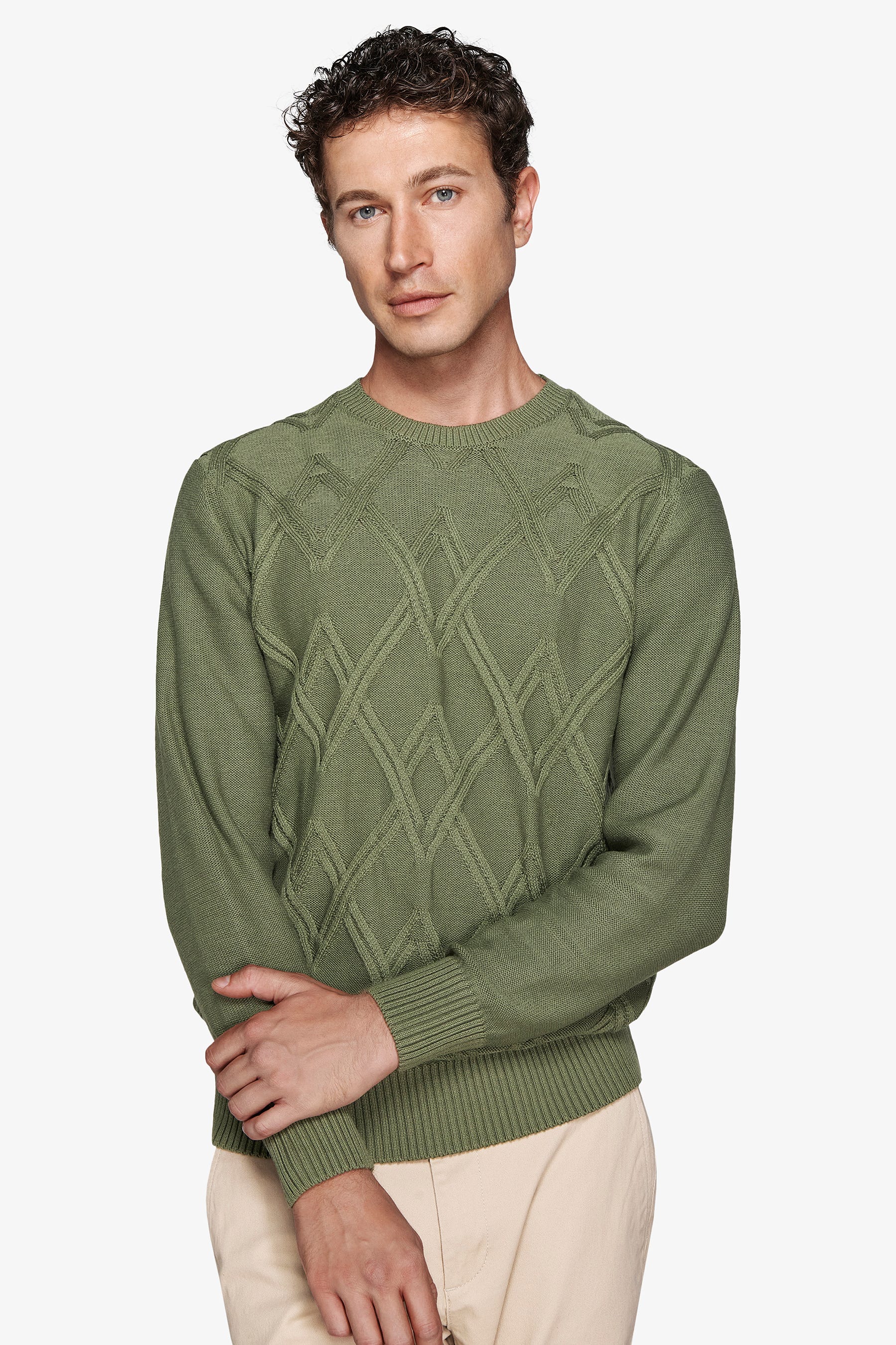 Maglia girocollo treccia piazzata verde-Dan John