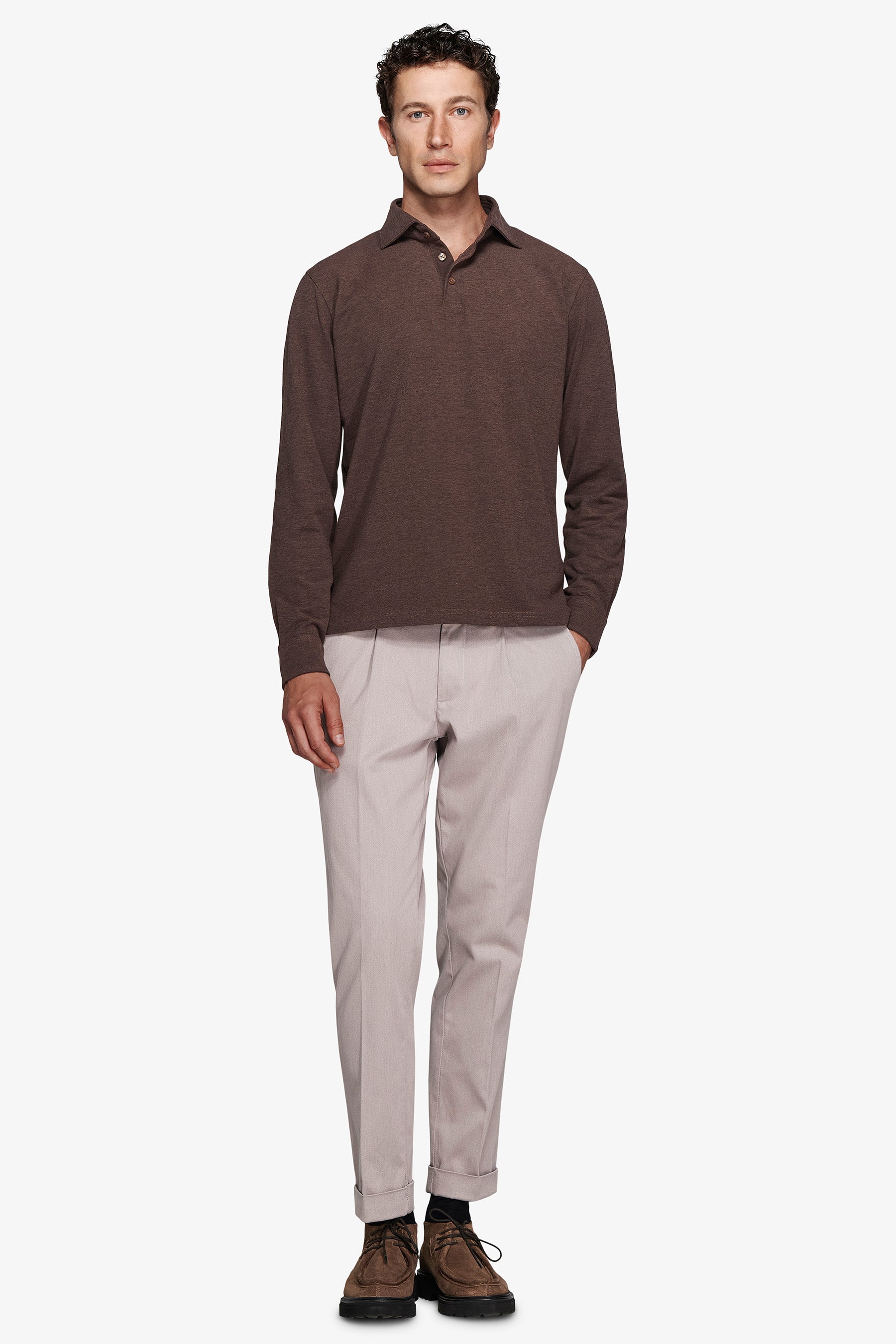 Taupe stretch piqué polo shirt with shirt collar