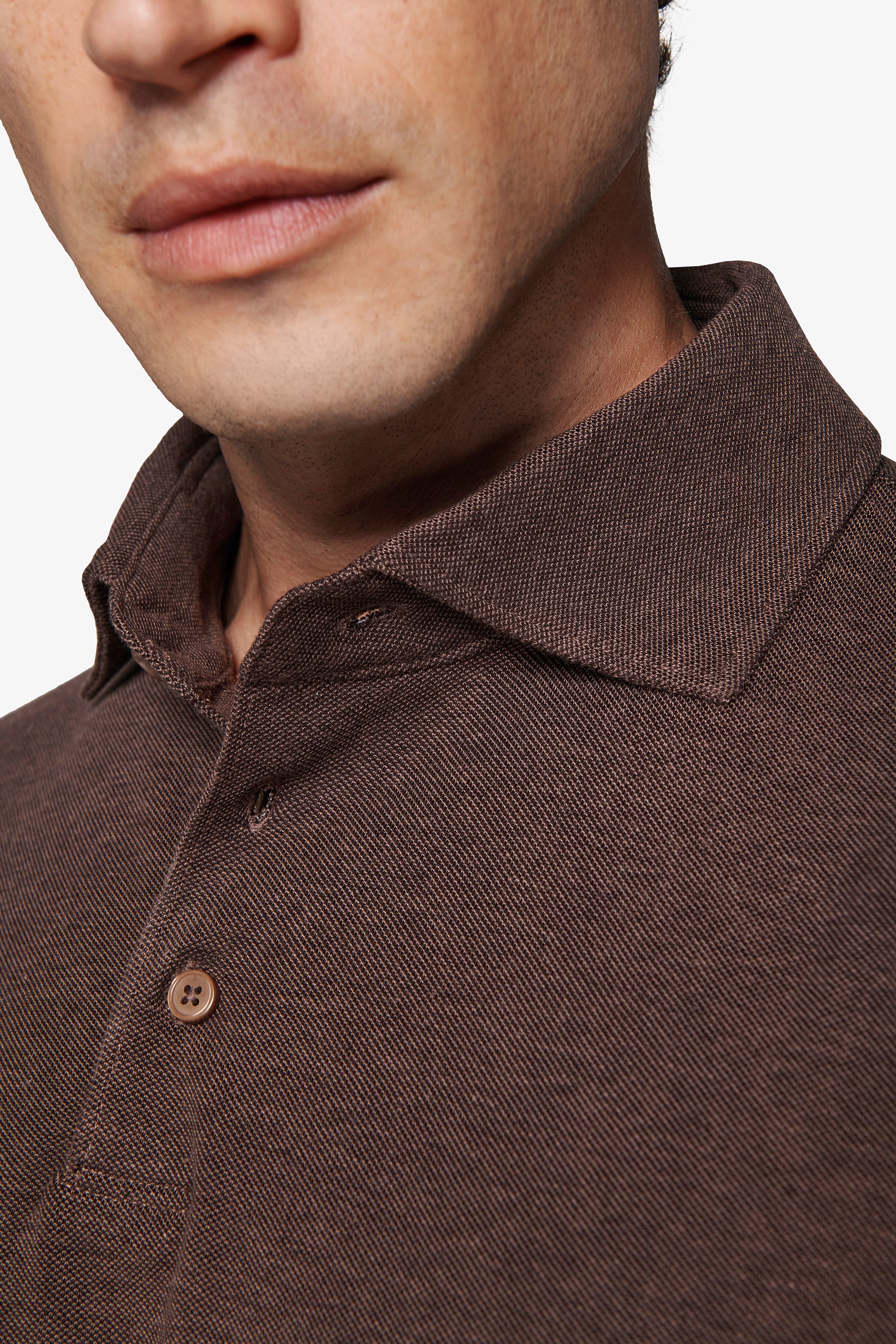 Taupe stretch piqué polo shirt with shirt collar