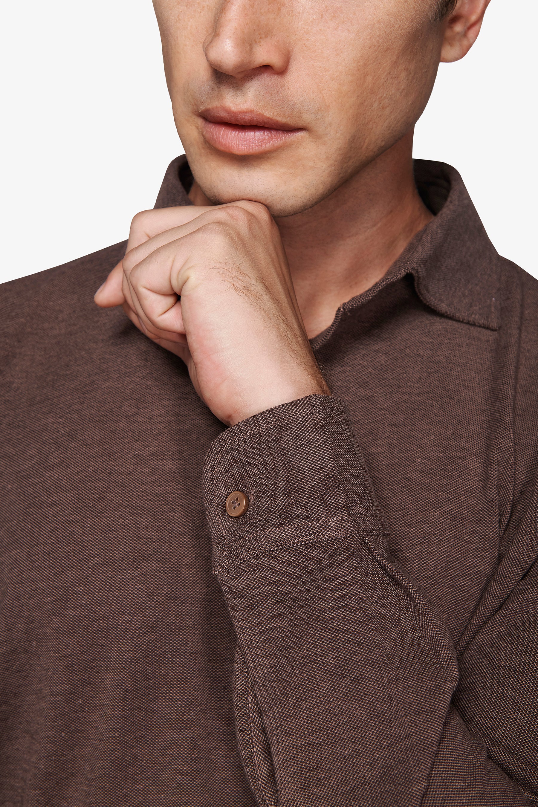 Taupe stretch piqué polo shirt with shirt collar