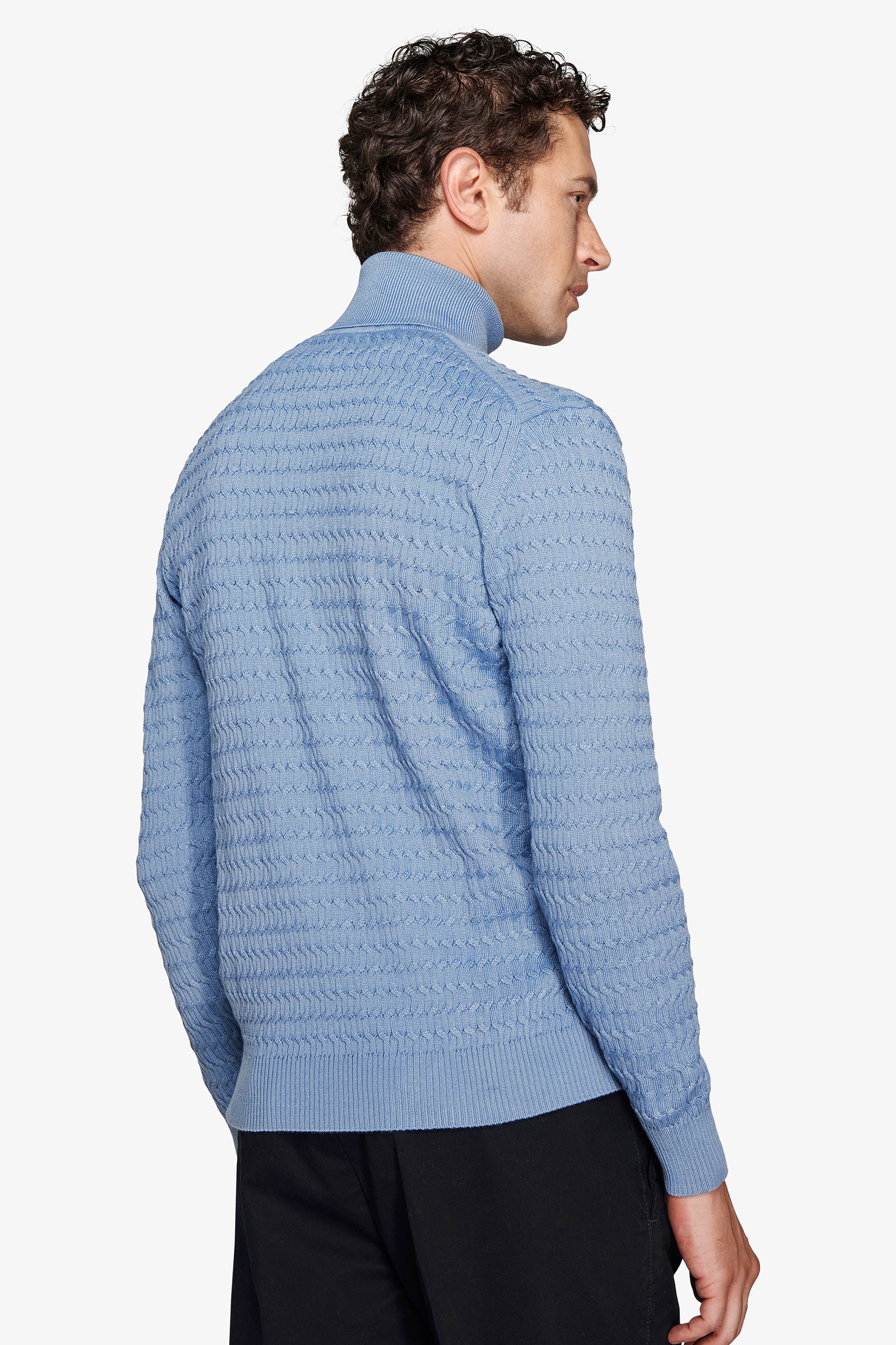 Light blue cable knit turtleneck sweater