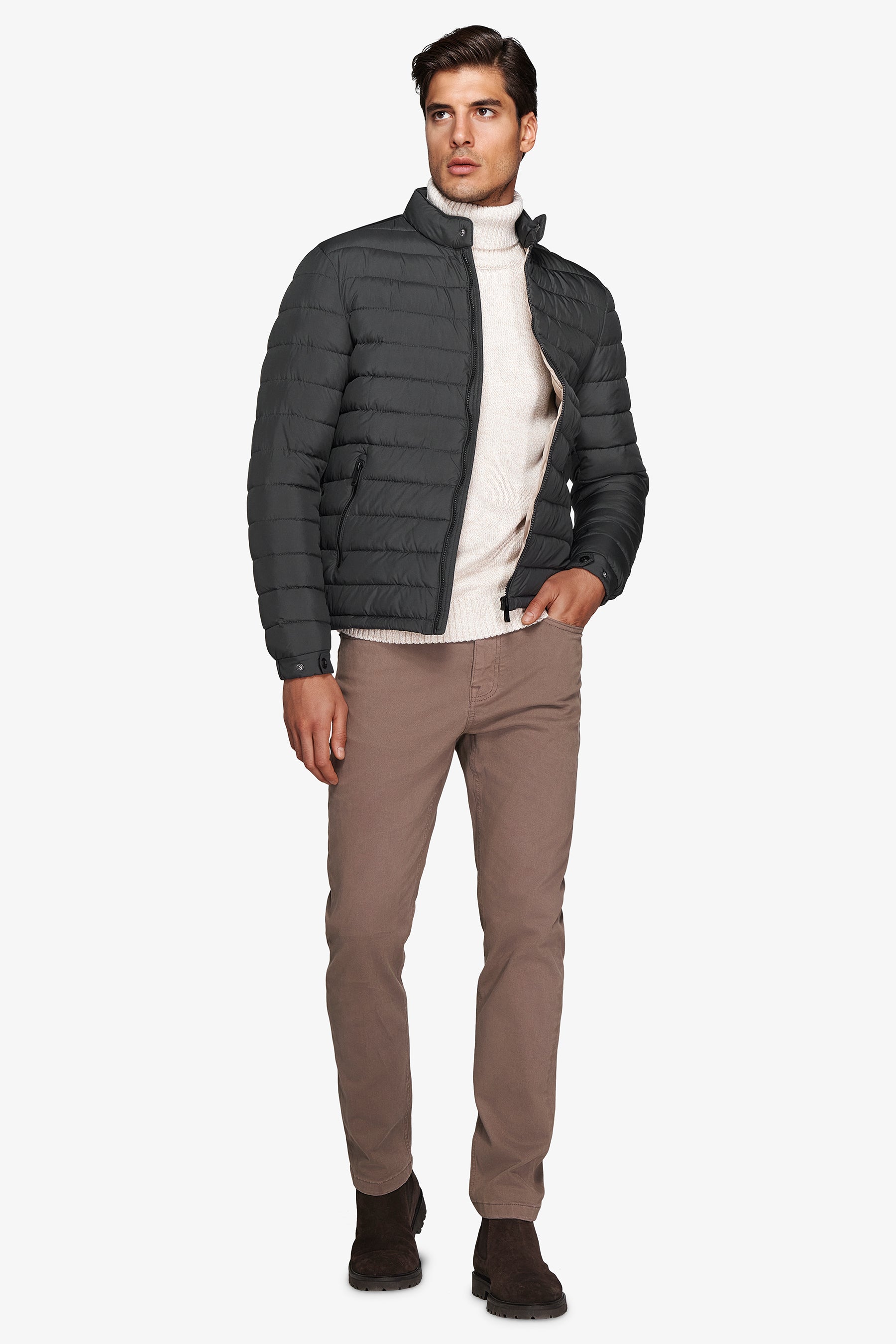 Green quilted full zip down jacket