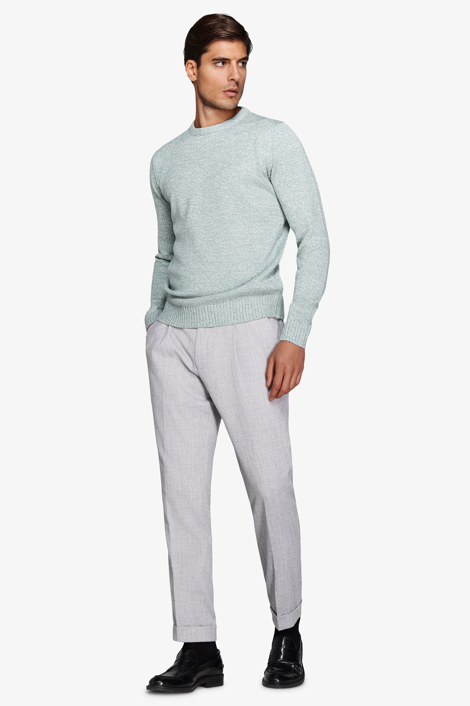 Pull col rond vert d'eau mouliné