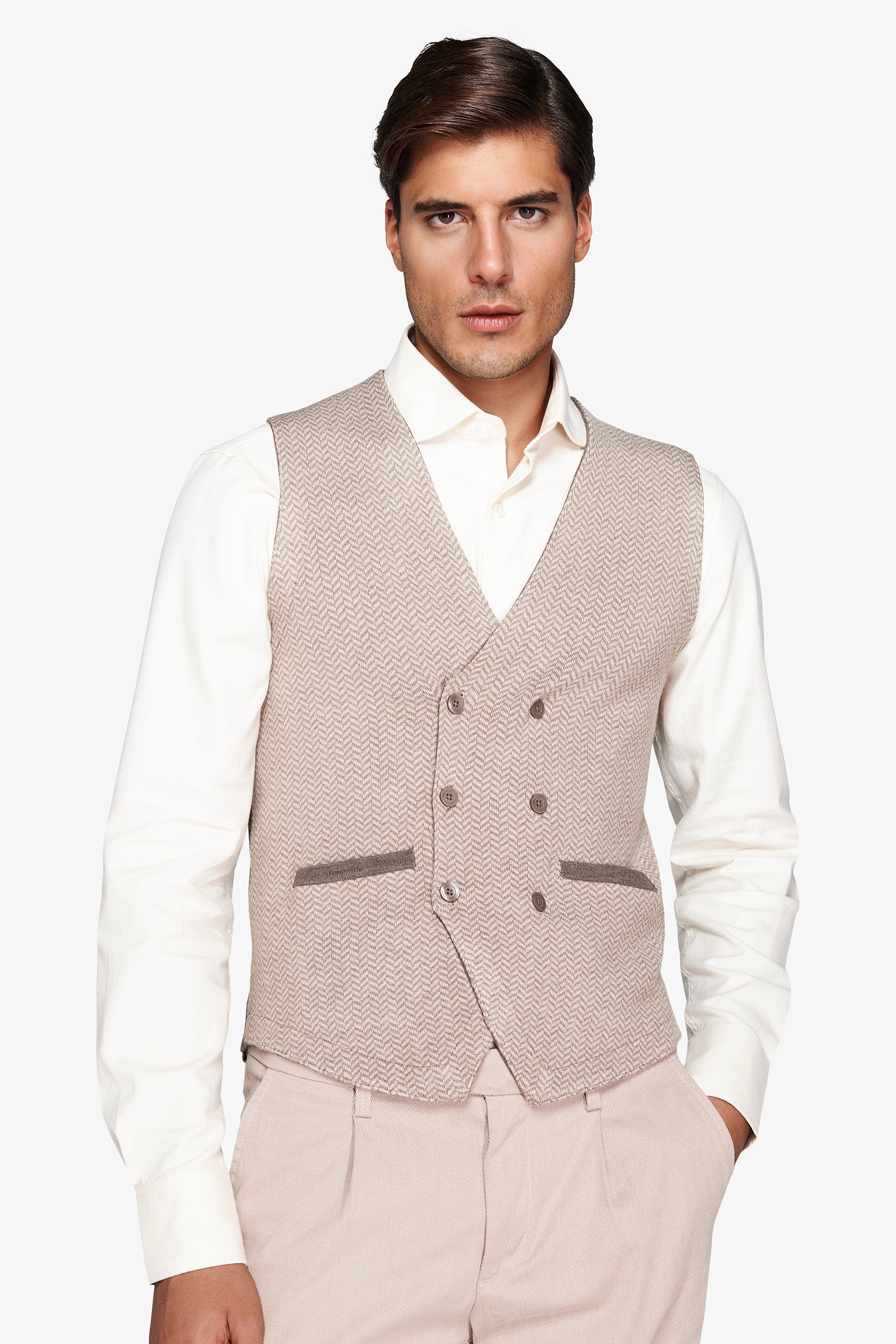 Beige Herringbone double-breasted knit waistcoat