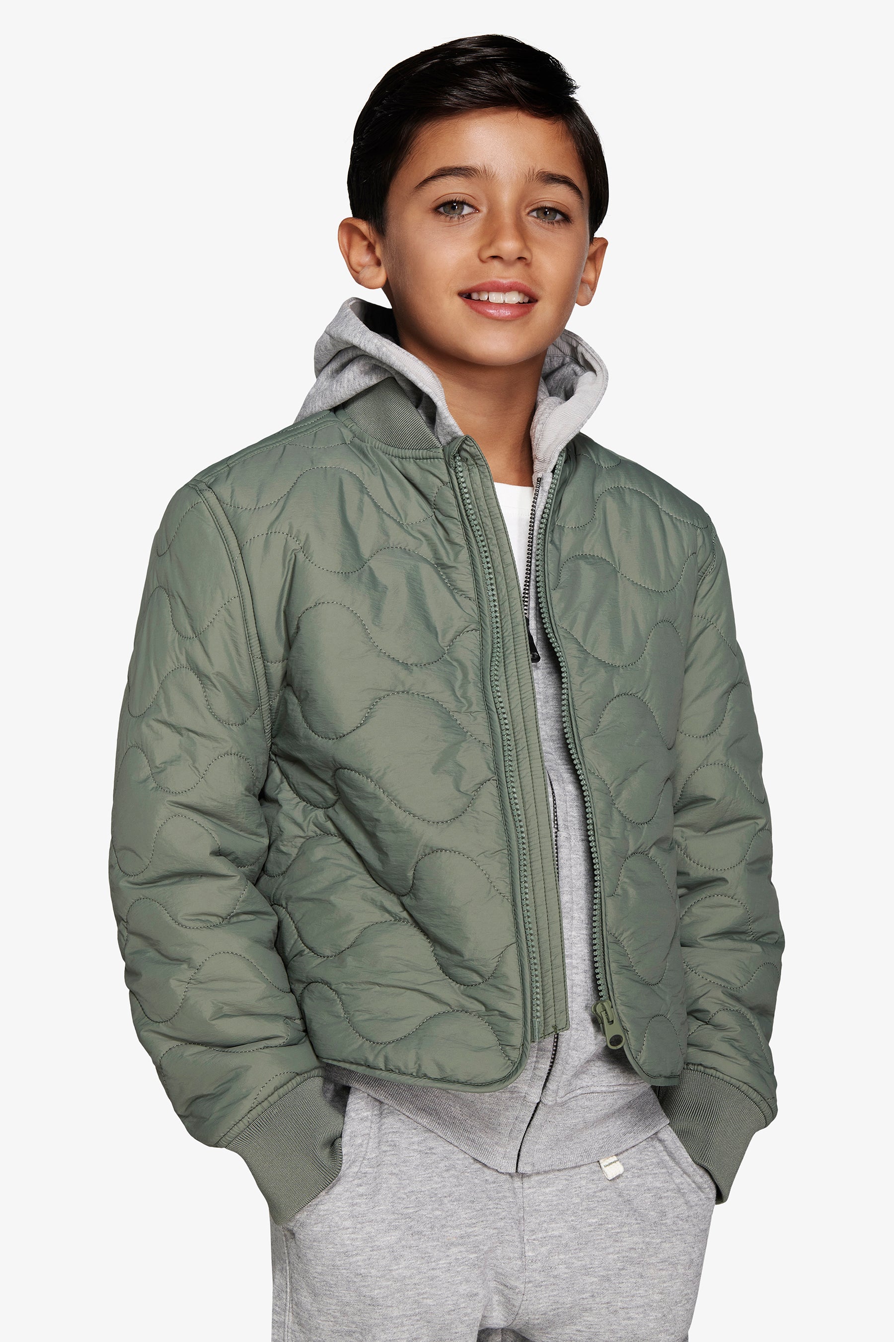 KIDS Green bomber jacket with horizontal wave quilting