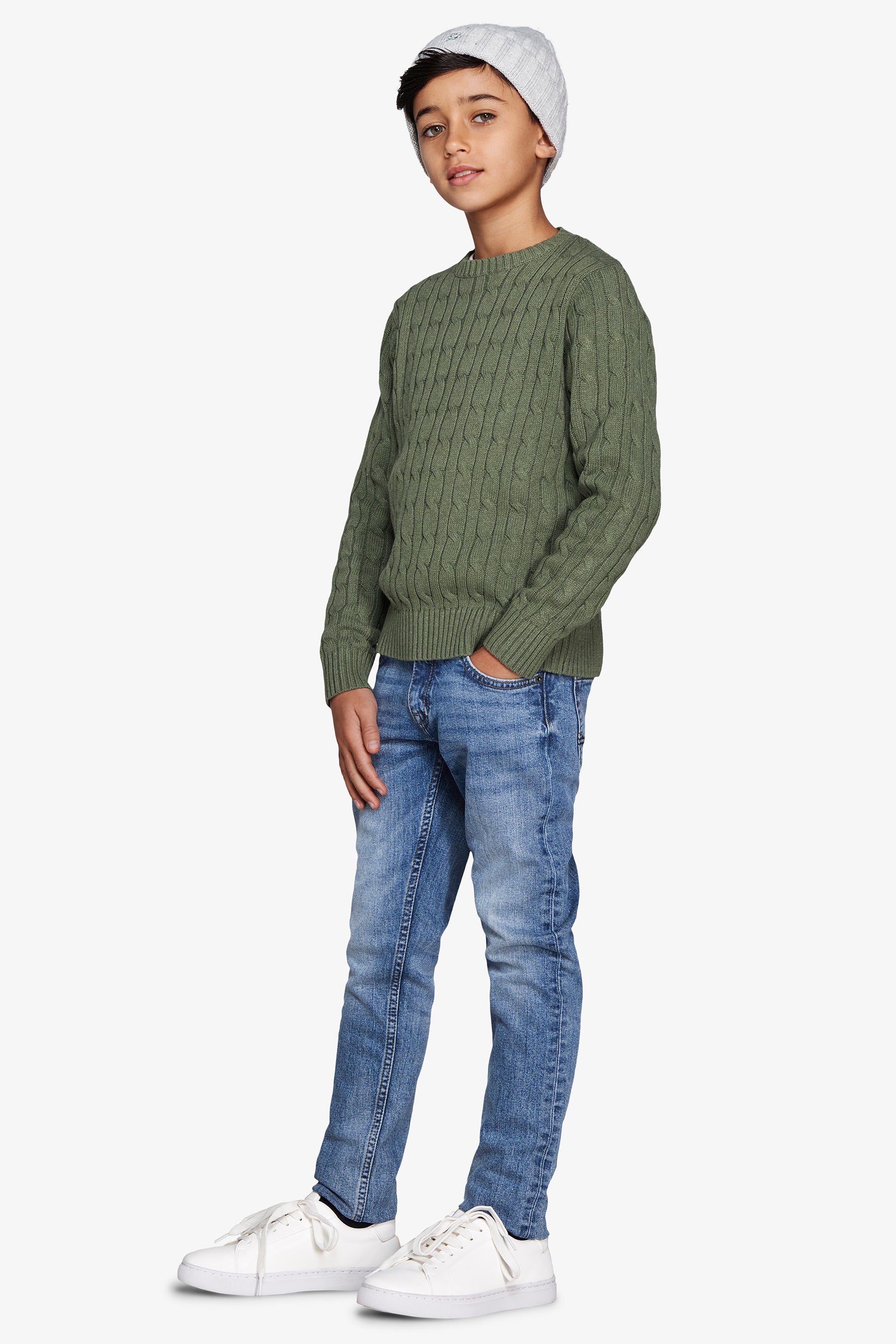 Pull ras du cou torsadé vert Kids