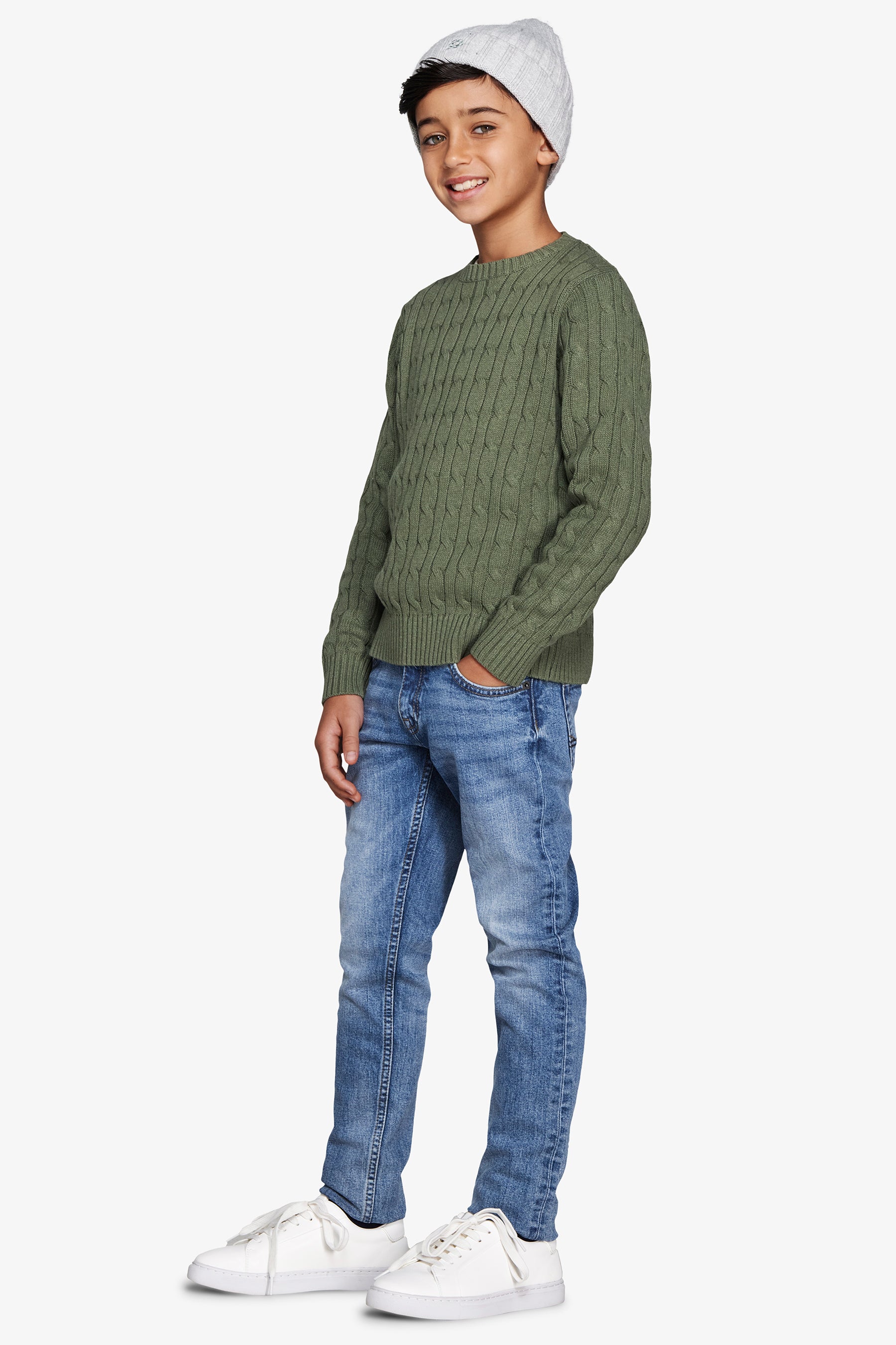 Pull ras du cou torsadé vert Kids