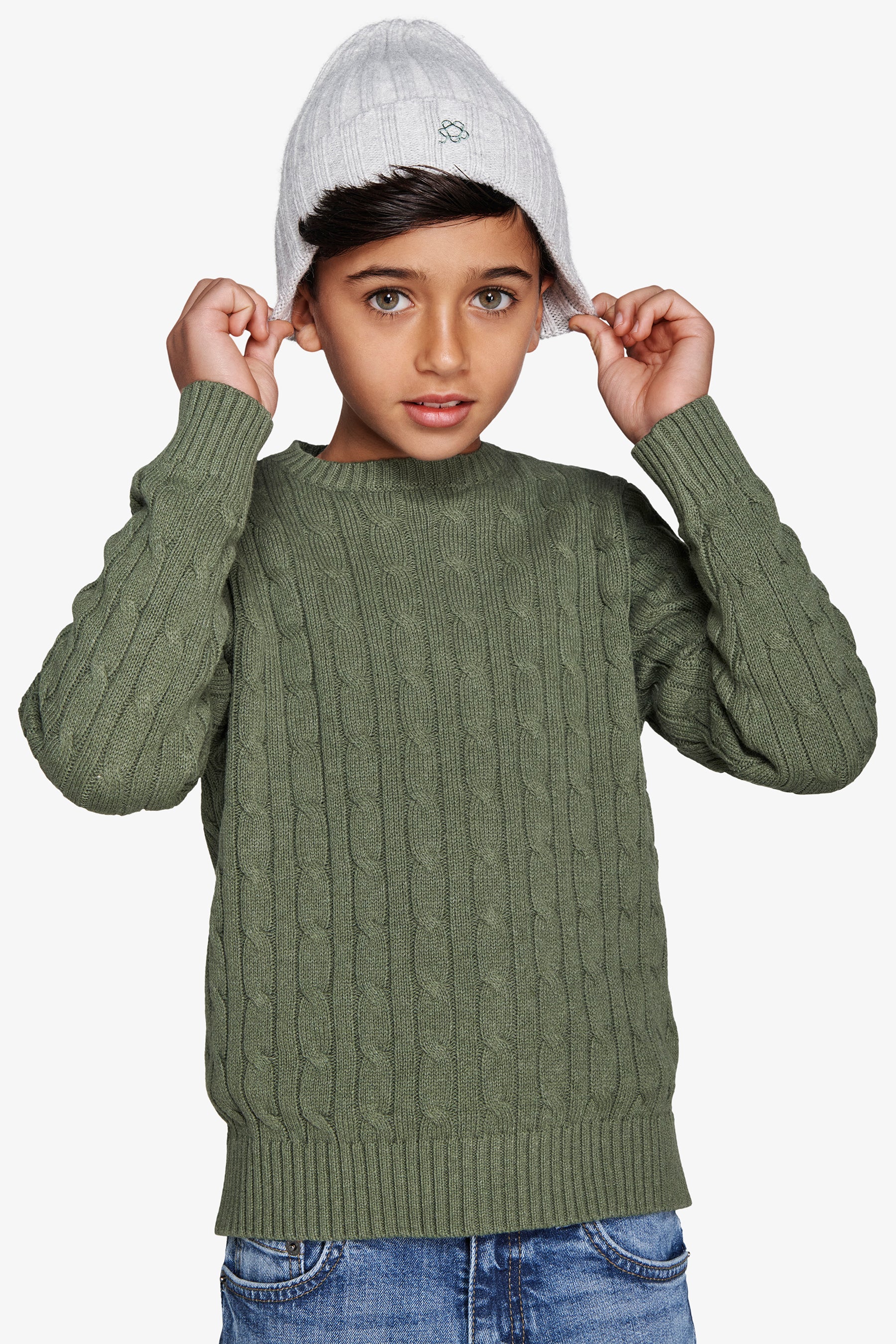 Pull ras du cou torsadé vert Kids