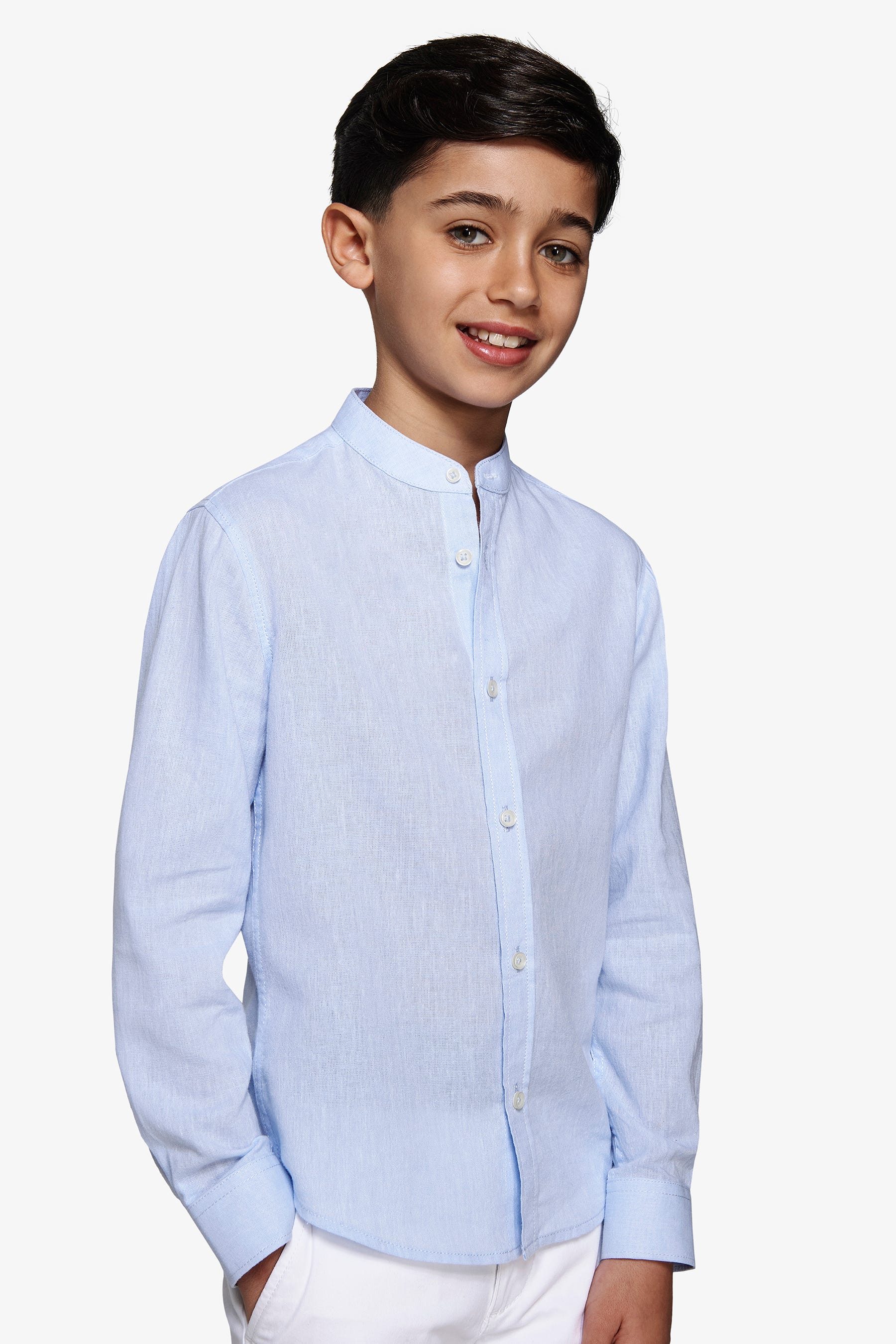 KIDS Light blue linen blend mandarin collar shirt