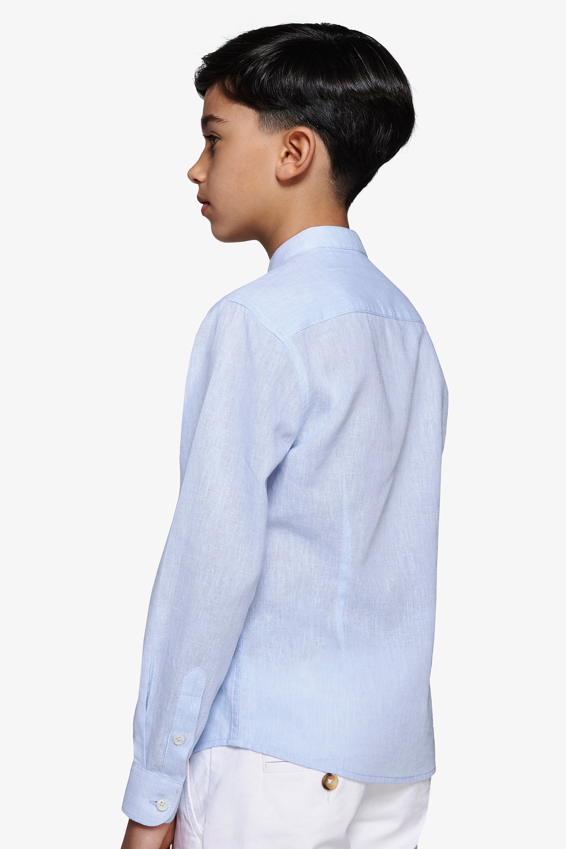 KIDS Light blue linen blend mandarin collar shirt