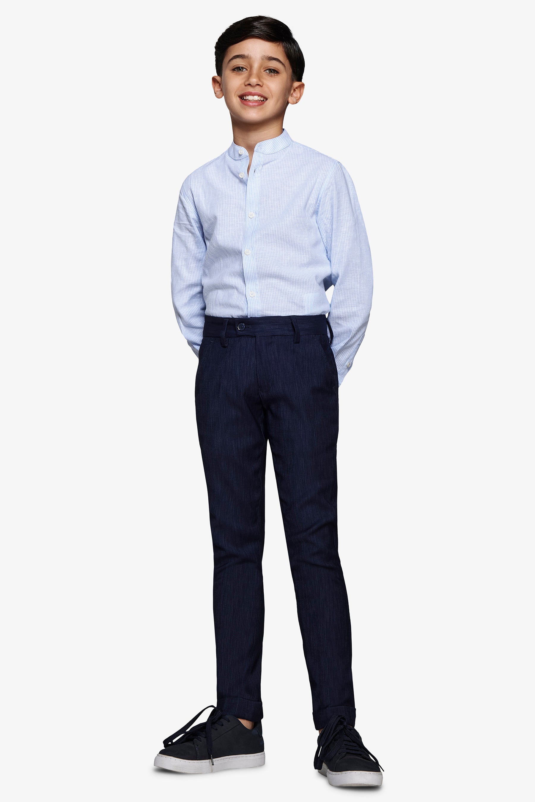 Camicia coreana a righe misto lino celeste Kids-Dan John