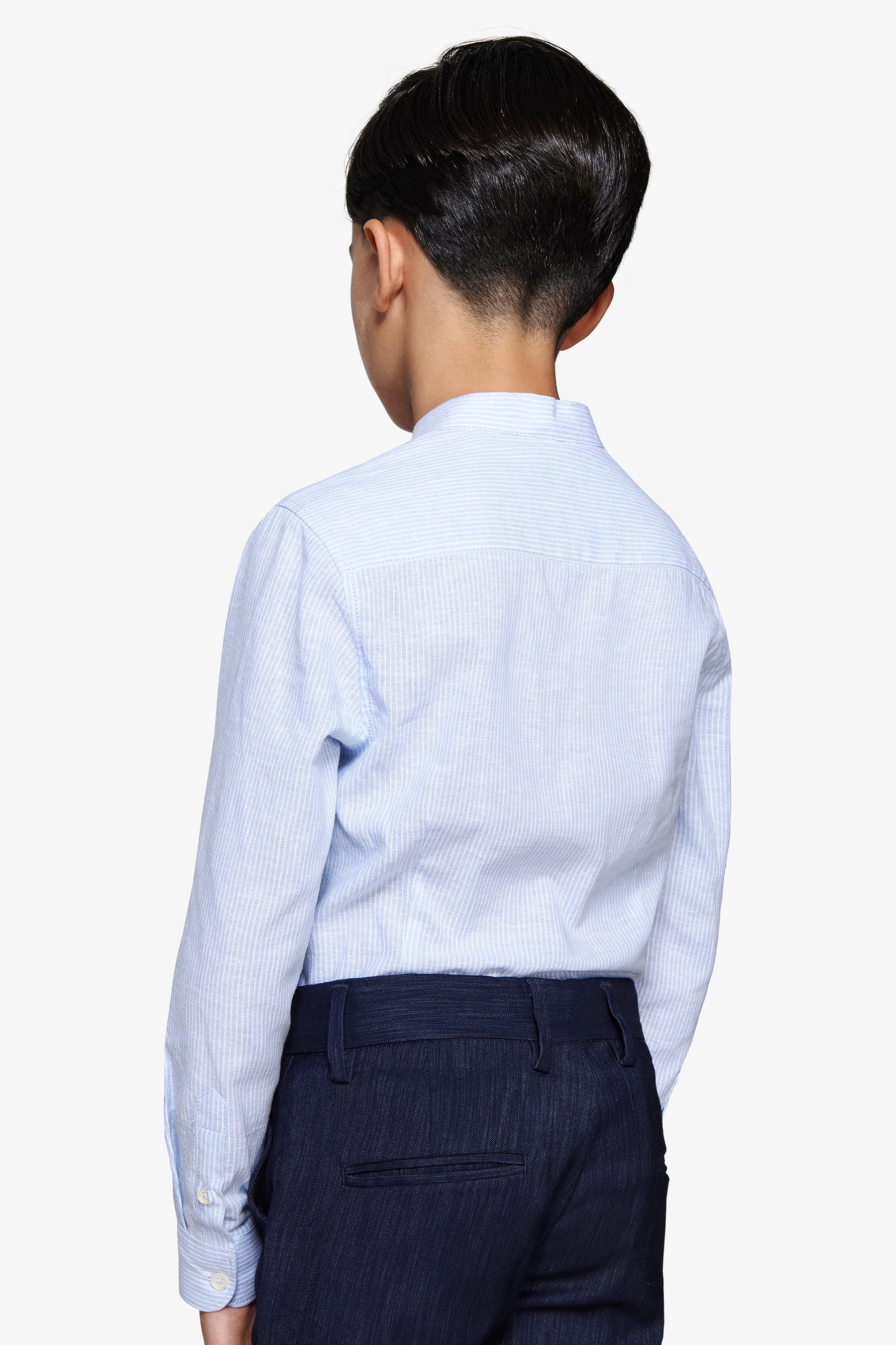 Camicia coreana a righe misto lino celeste Kids-Dan John
