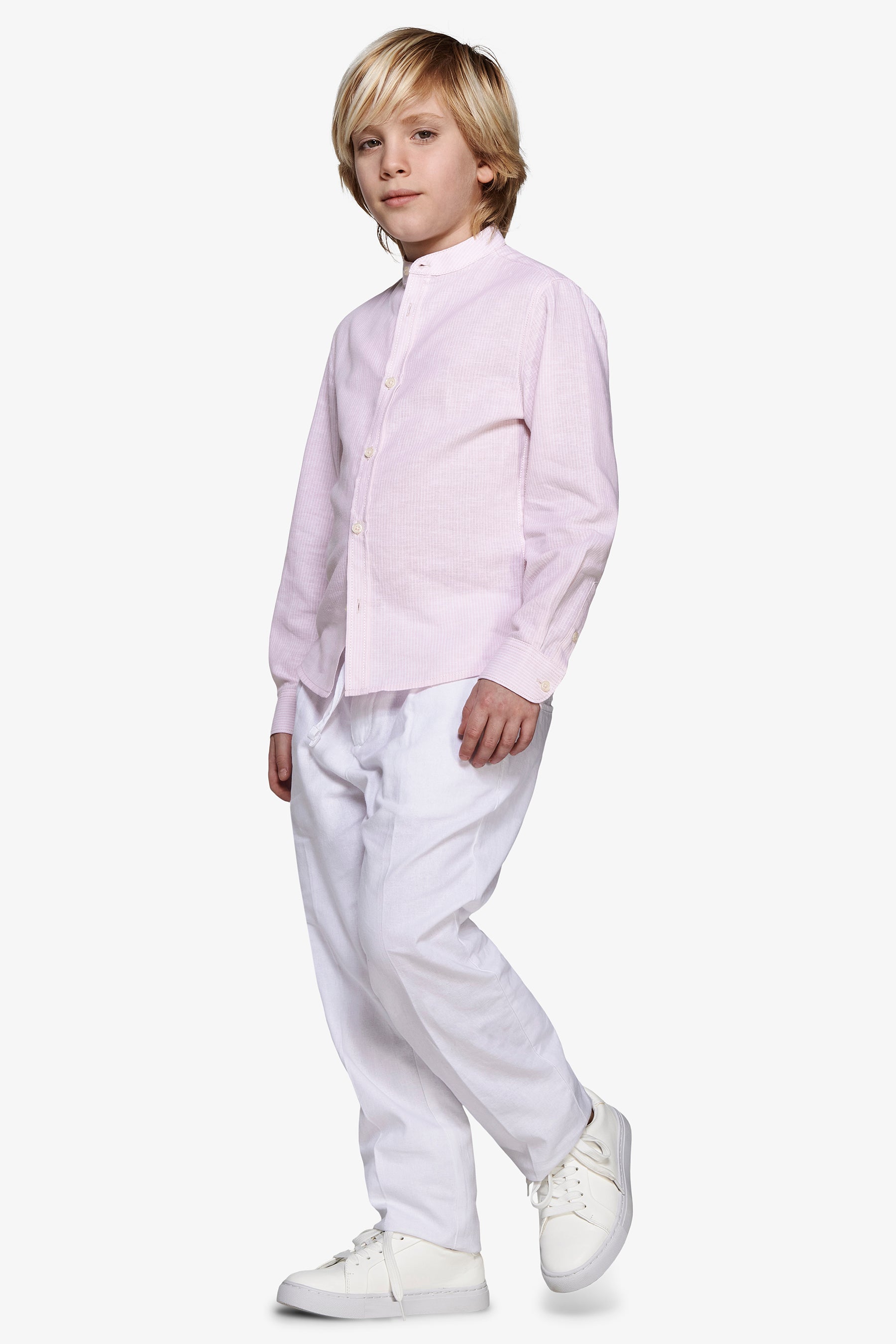 Camicia coreana a righe misto lino rosa Kids-Dan John