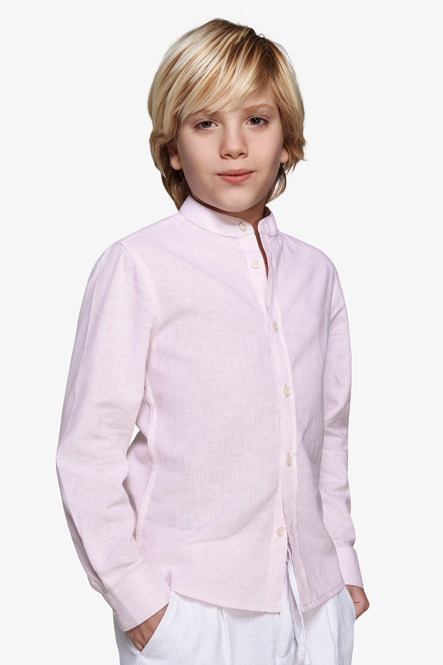 Camicia coreana a righe misto lino rosa Kids-Dan John