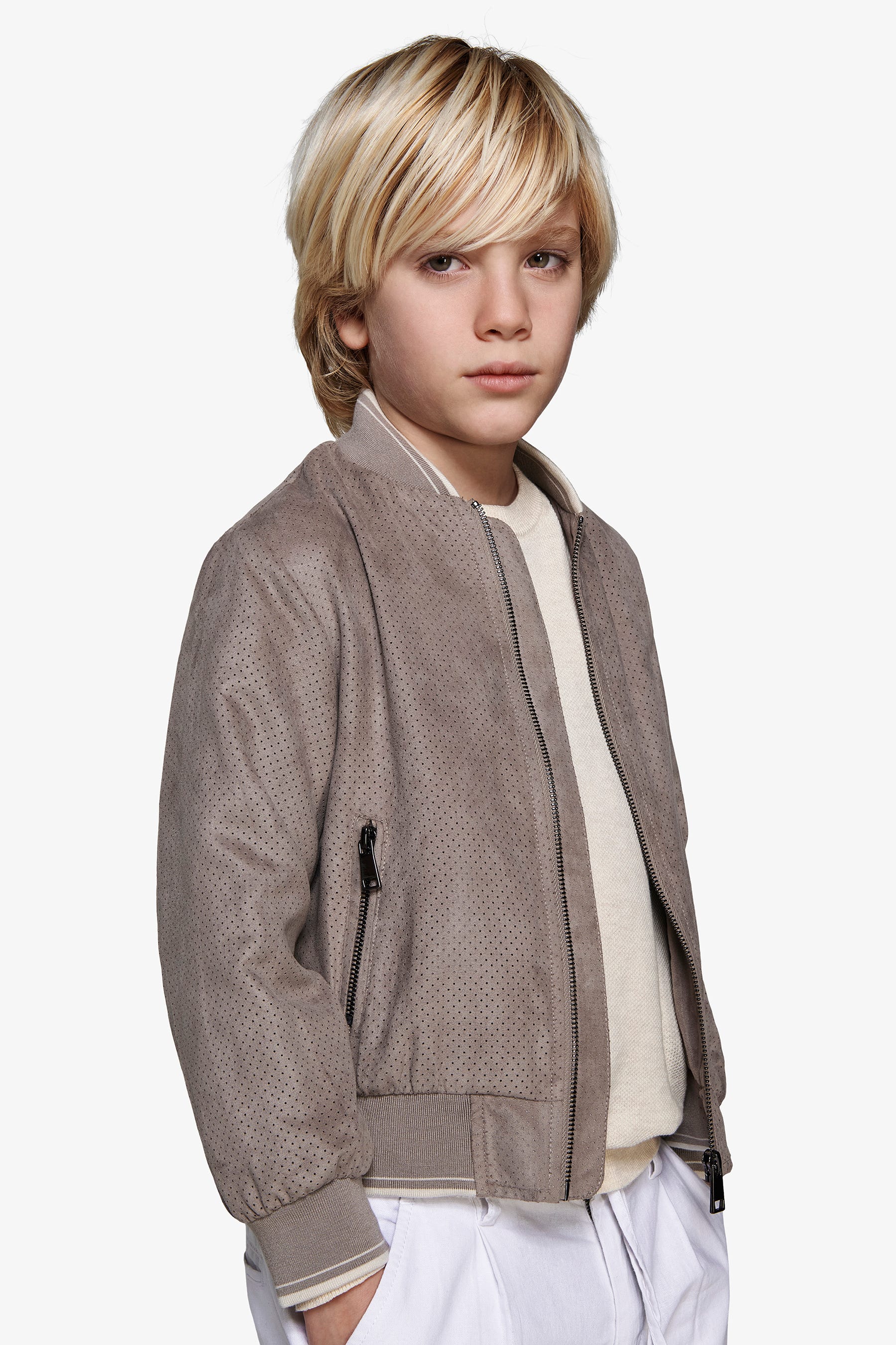 Bomber in ecosuede traforato tortora Kids-Dan John