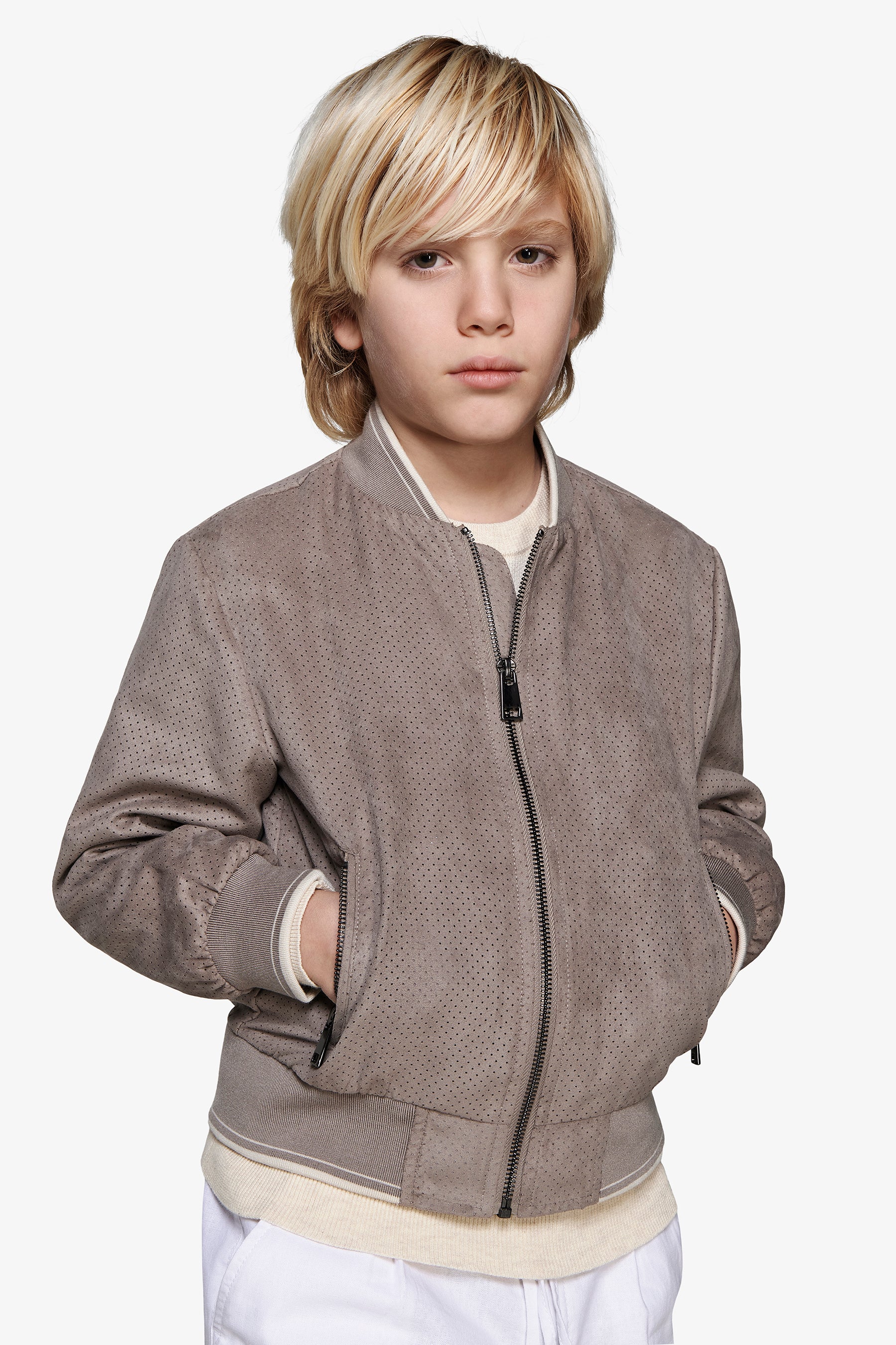 Bomber in ecosuede traforato tortora Kids-Dan John