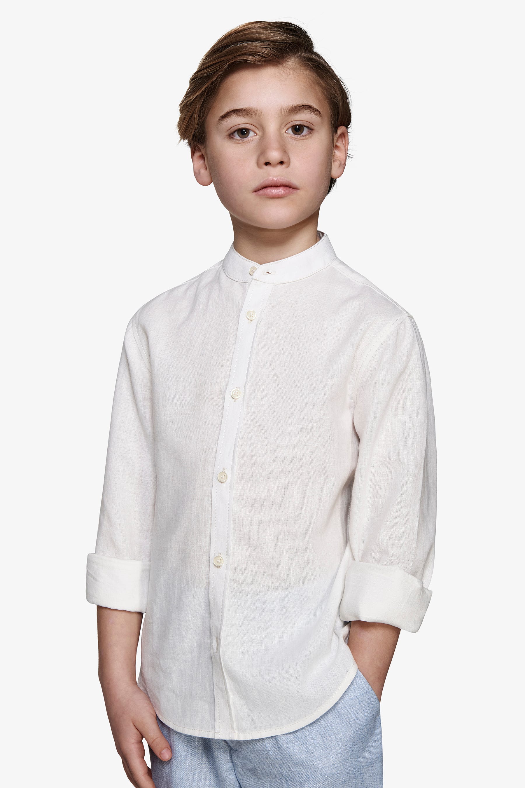 KIDS Cream linen blend mandarin collar shirt