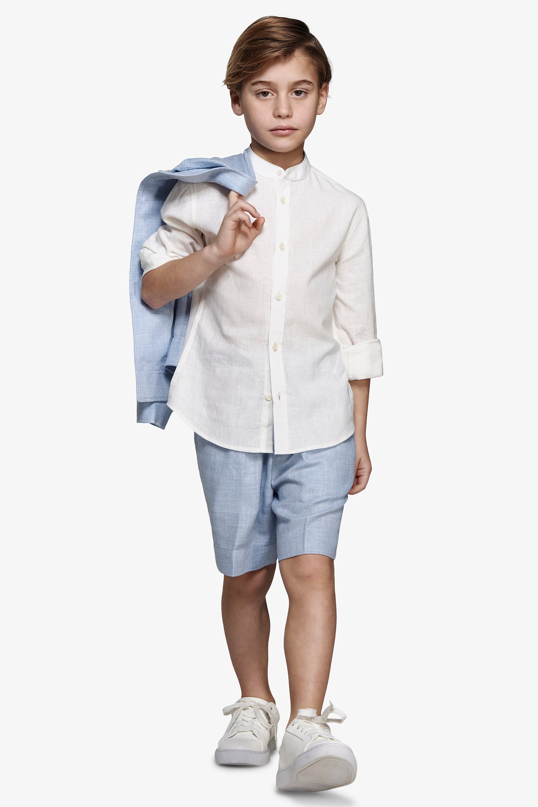 KIDS Cream linen blend mandarin collar shirt