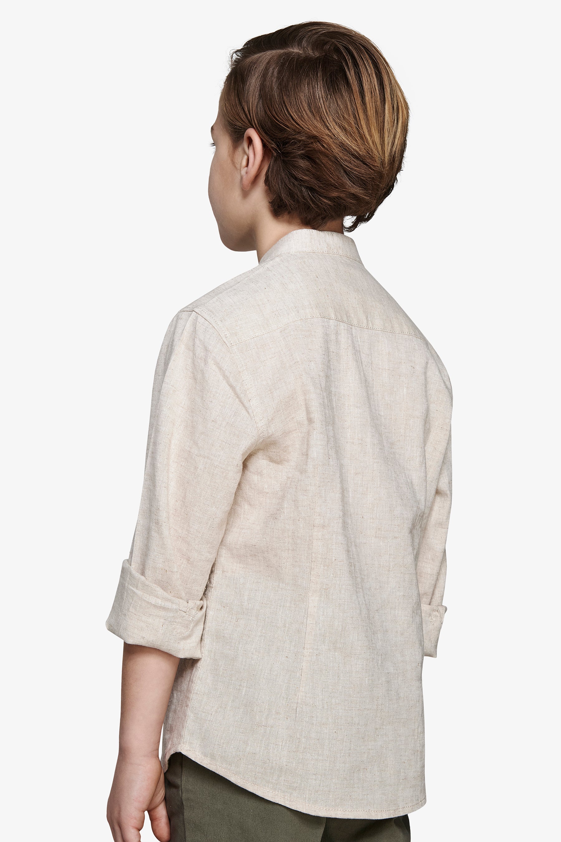 KIDS Beige linen blend mandarin collar shirt