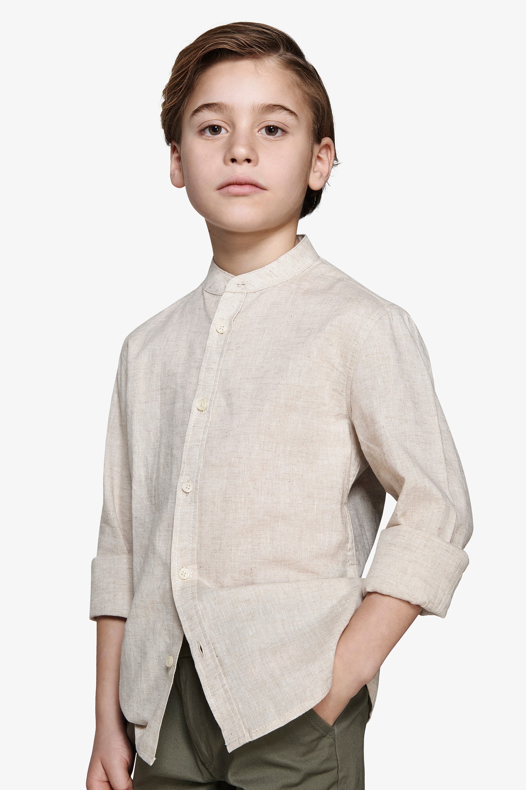 KIDS Beige linen blend mandarin collar shirt