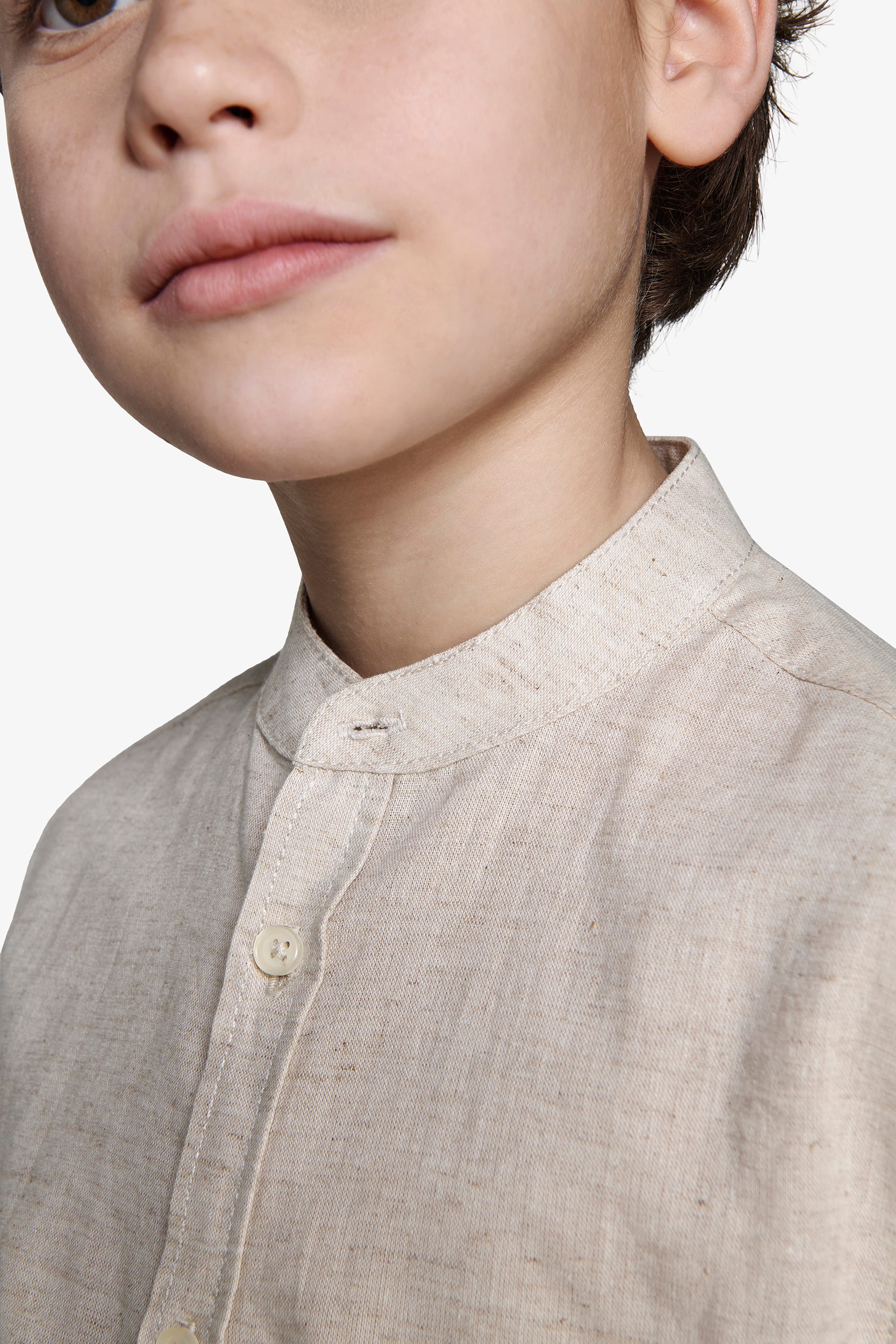 KIDS Beige linen blend mandarin collar shirt