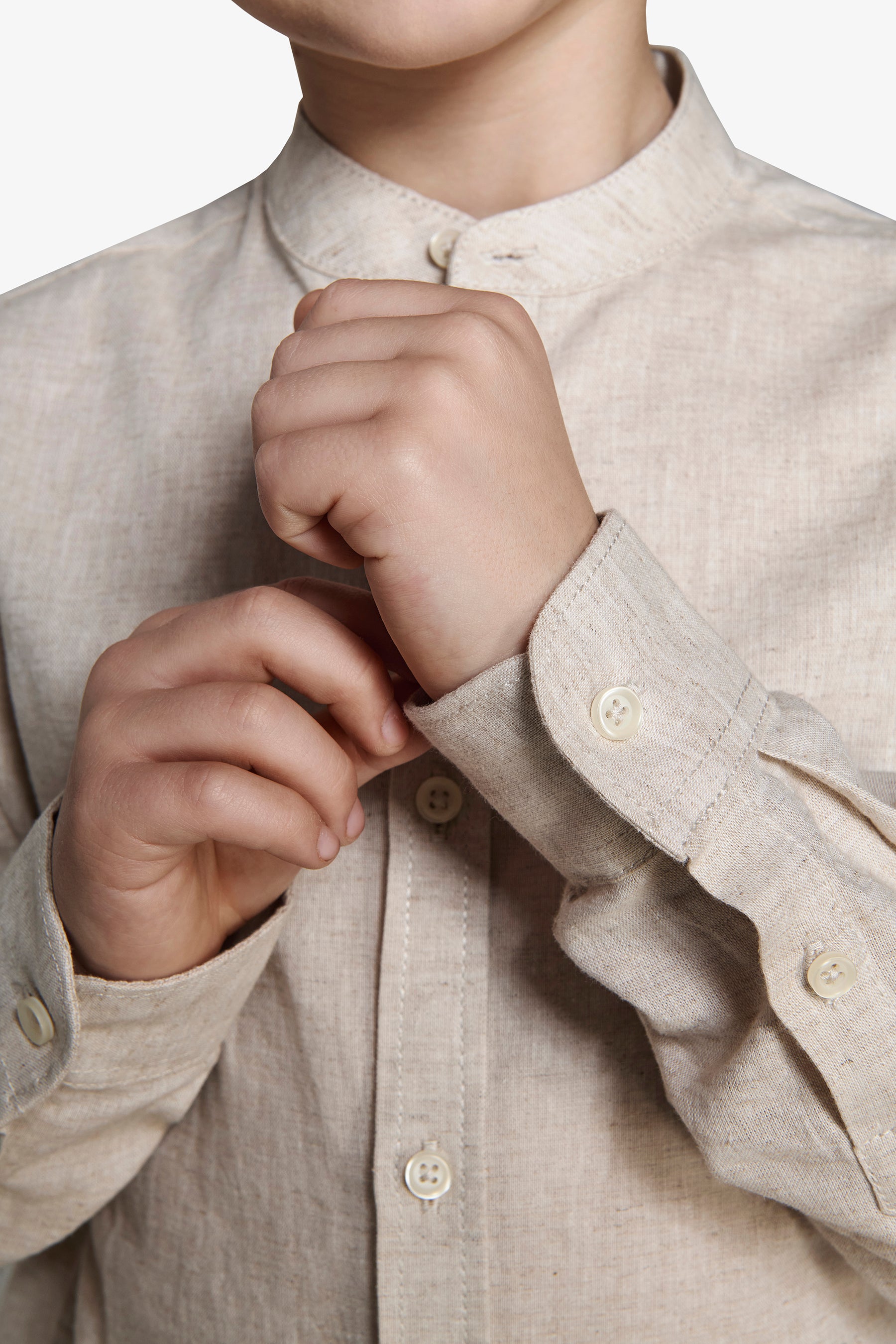 KIDS Beige linen blend mandarin collar shirt
