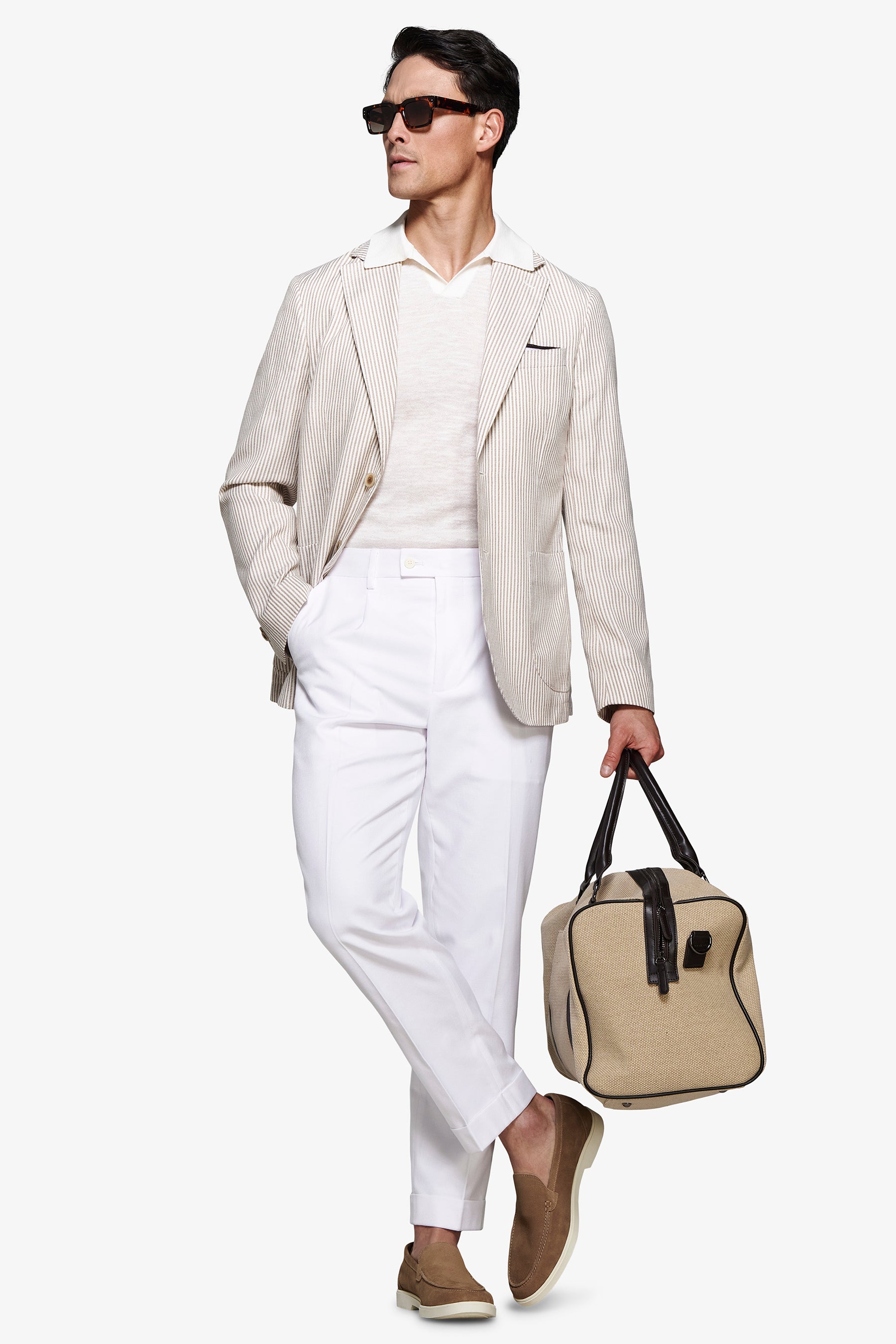 Giacca misto lino a righe tortora