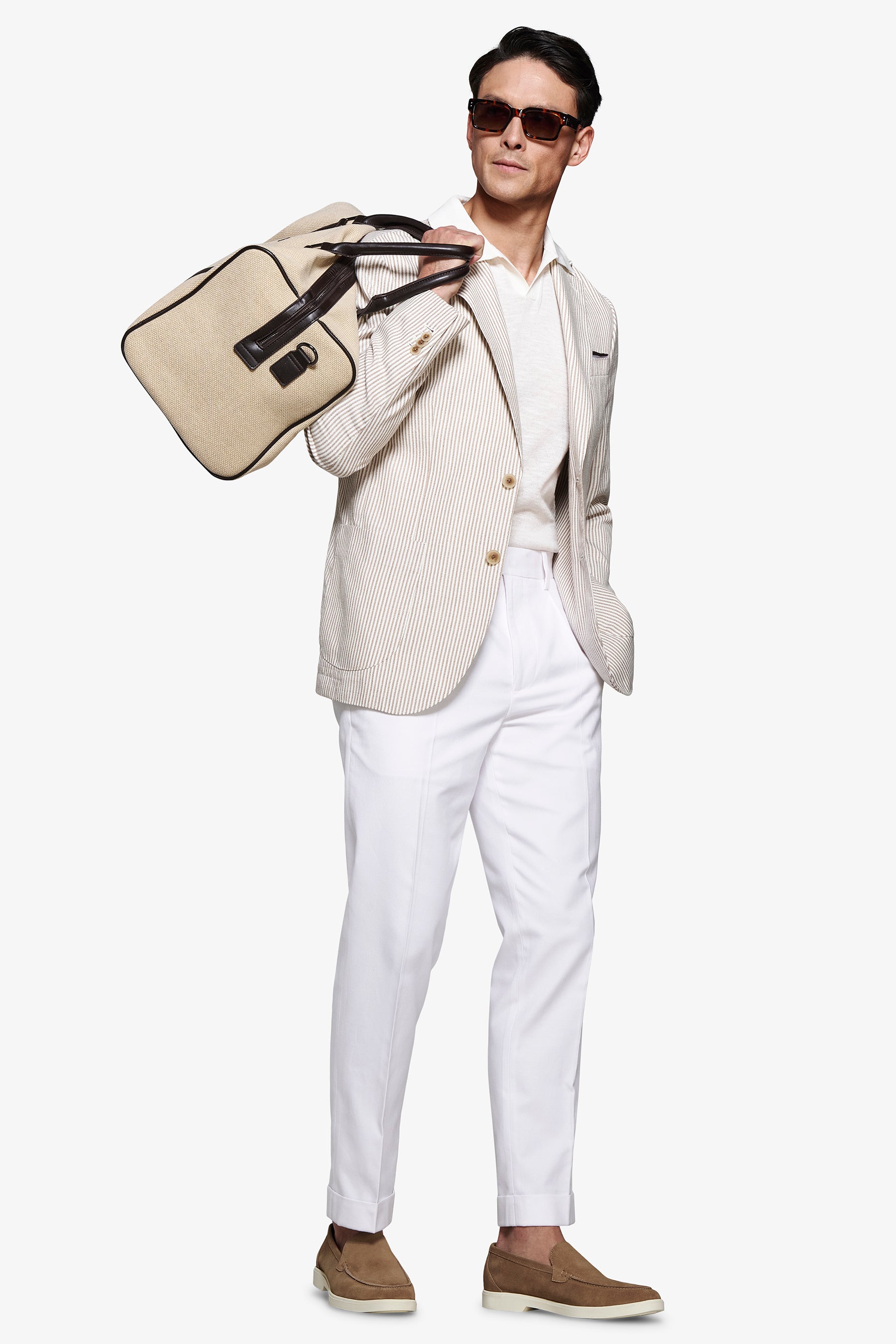 Giacca misto lino a righe tortora