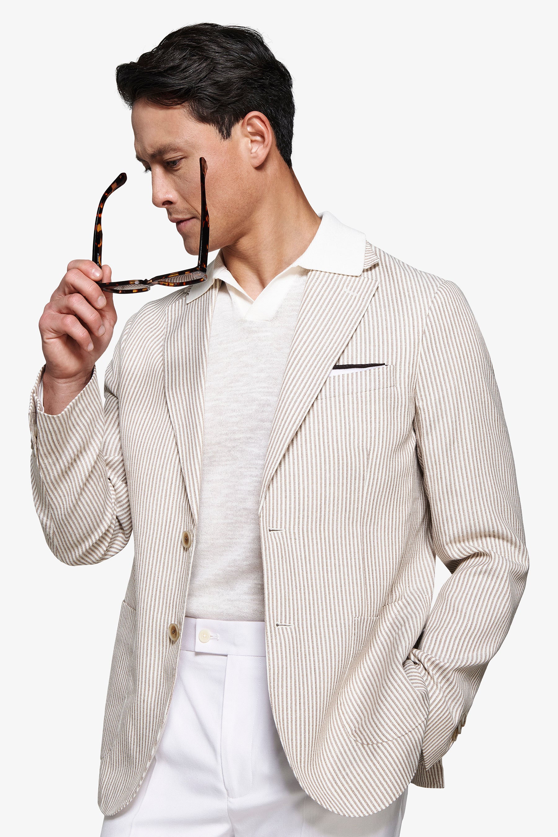 Giacca misto lino a righe tortora