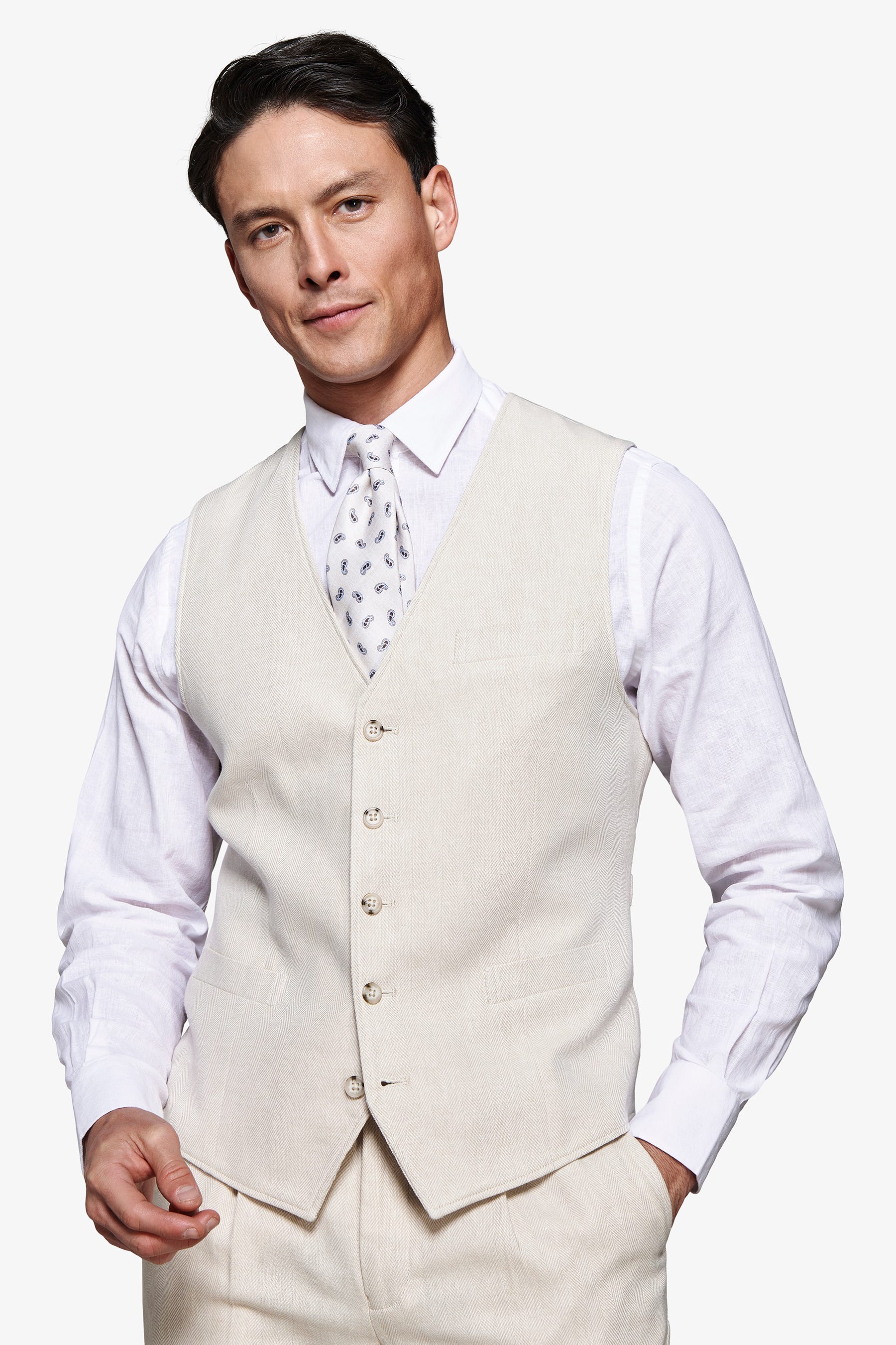 Sand linen blend Herringbone waistcoat