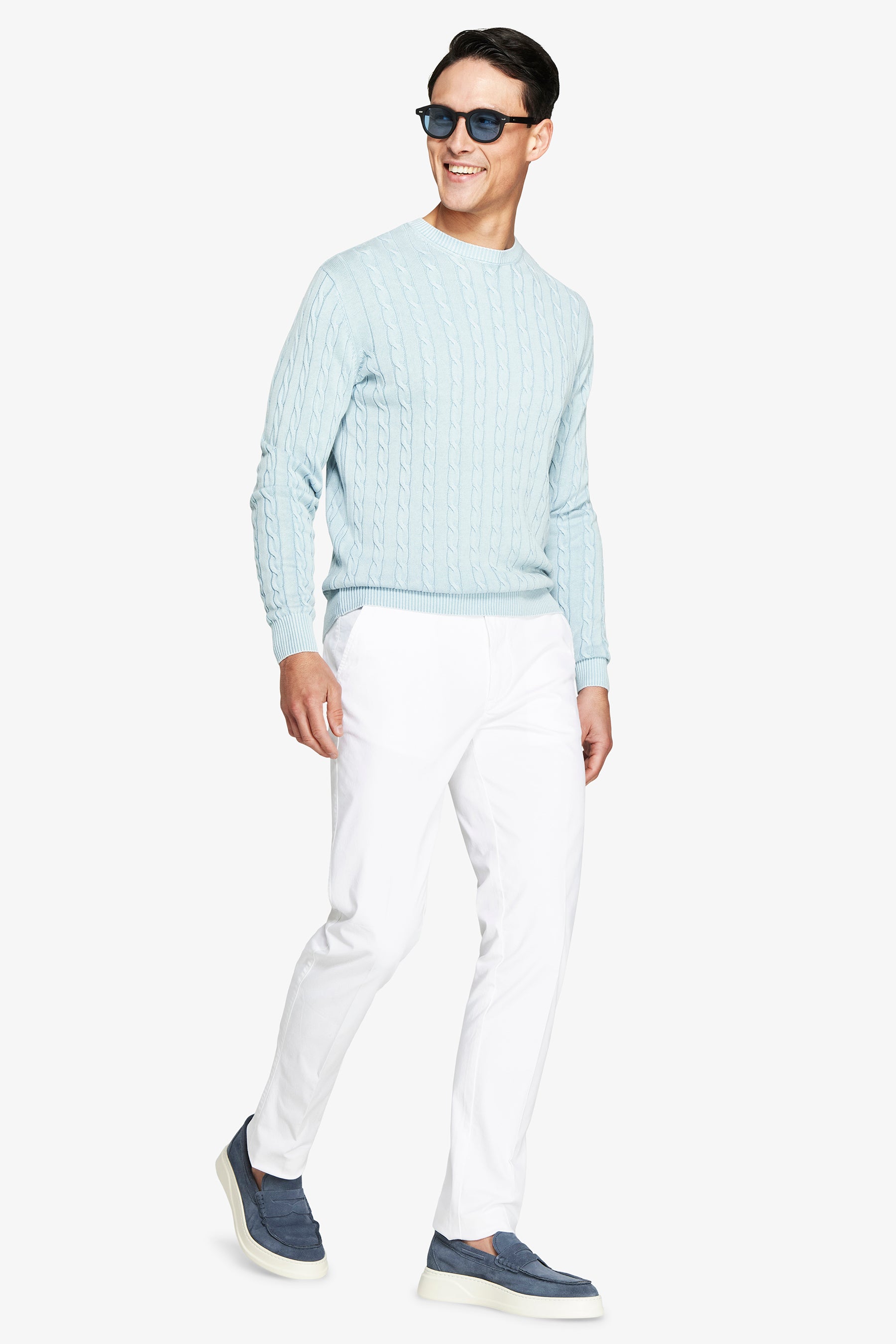 Maglia girocollo treccia costa piatta celeste-Dan John