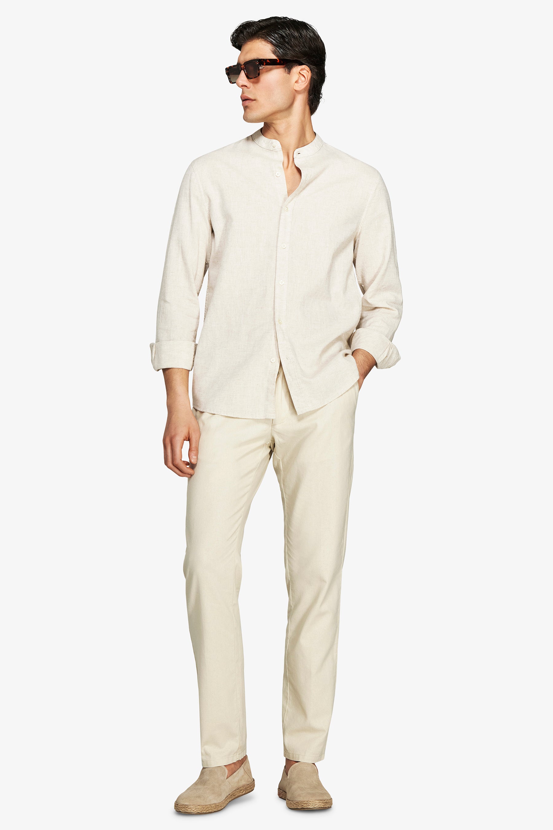 Beige linen blend mandarin collar shirt