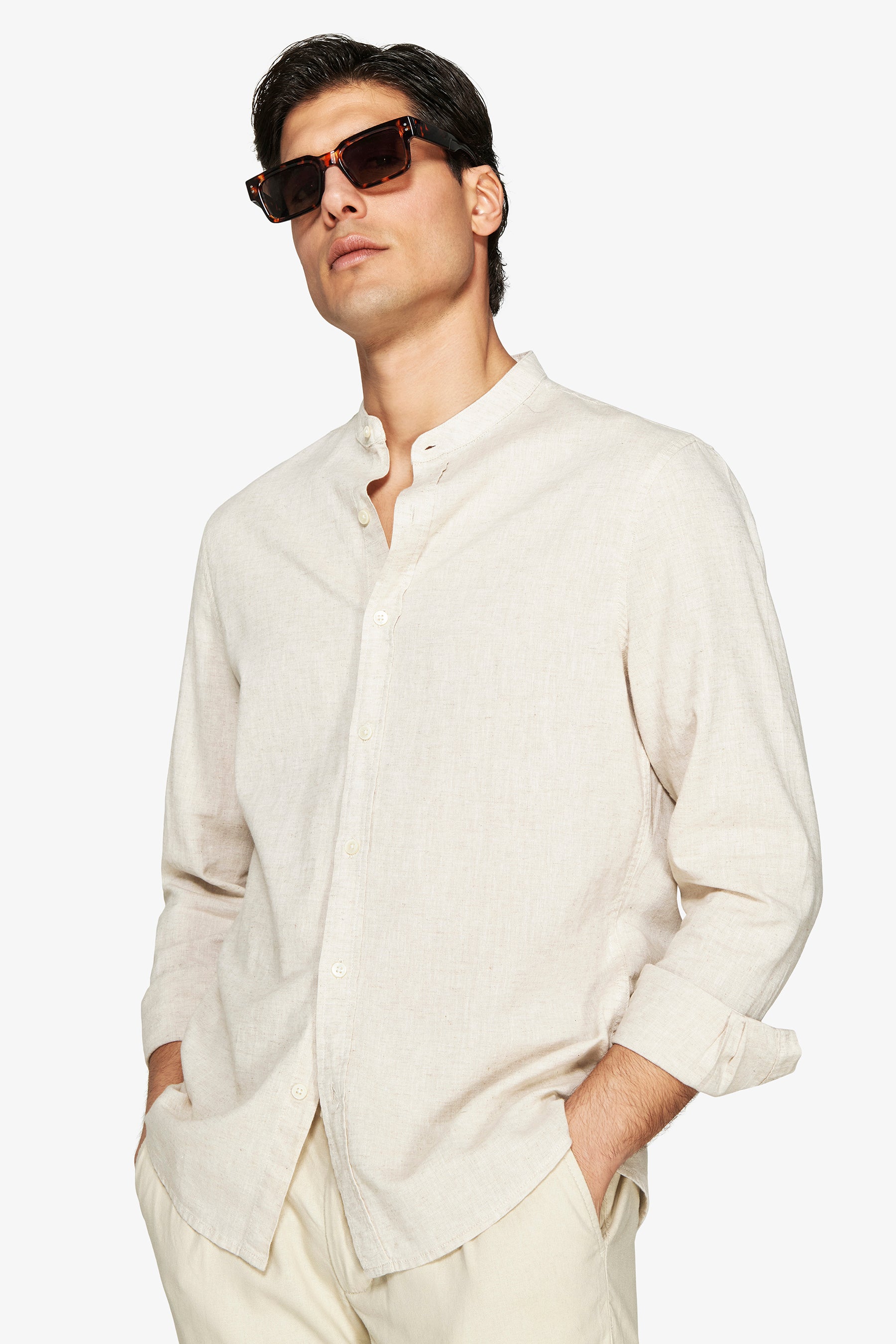 Beige linen blend mandarin collar shirt
