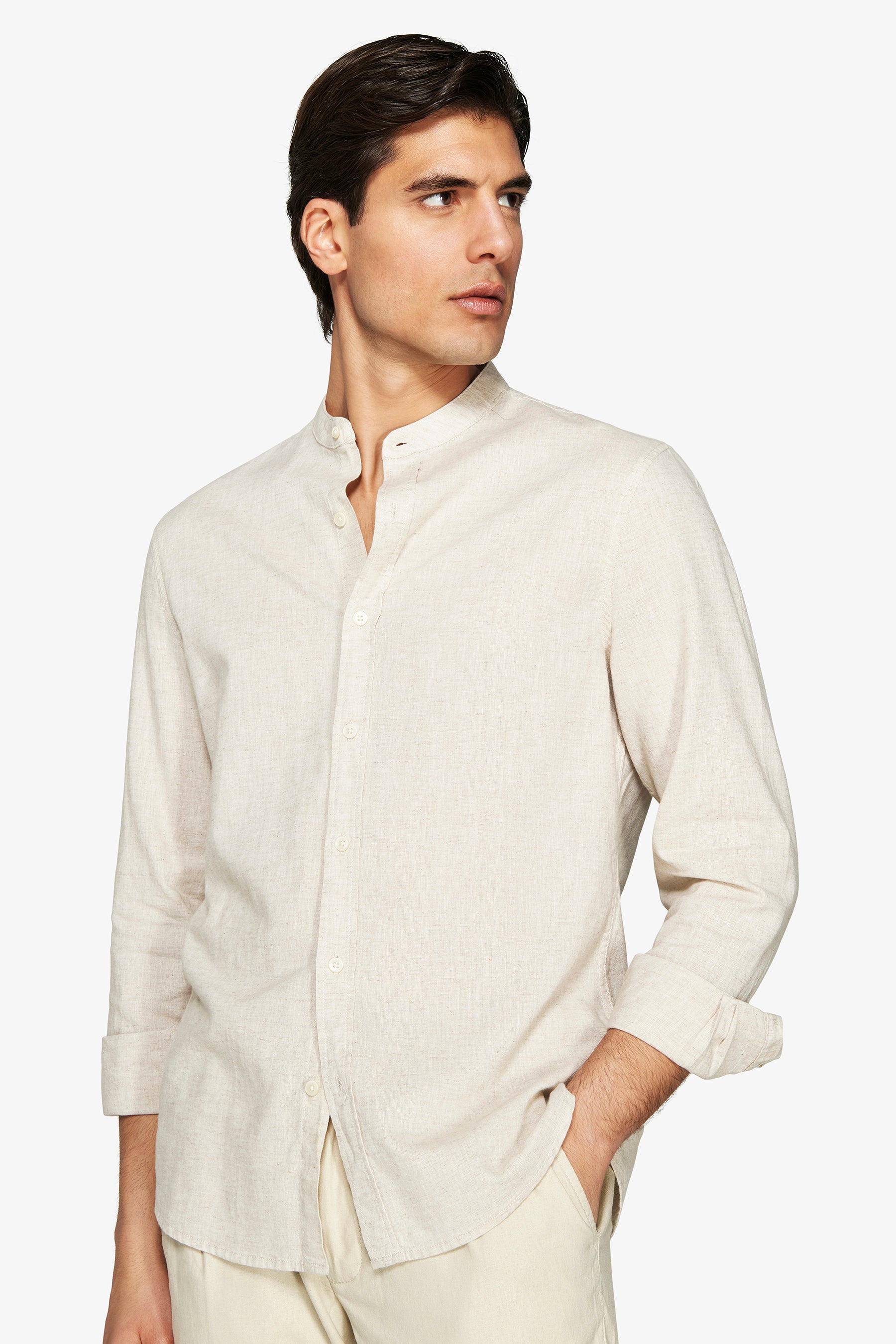 Beige linen blend mandarin collar shirt