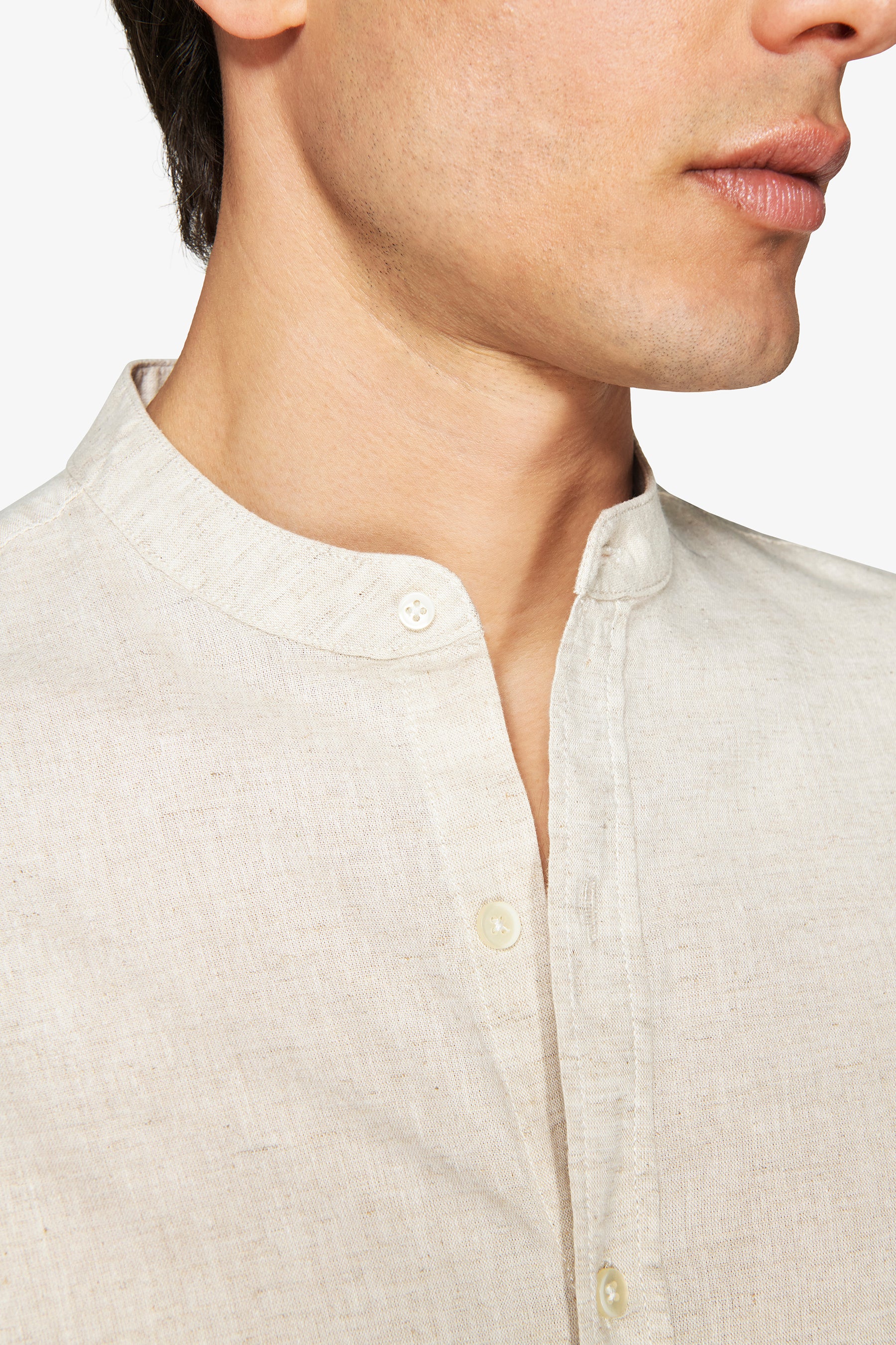 Beige linen blend mandarin collar shirt