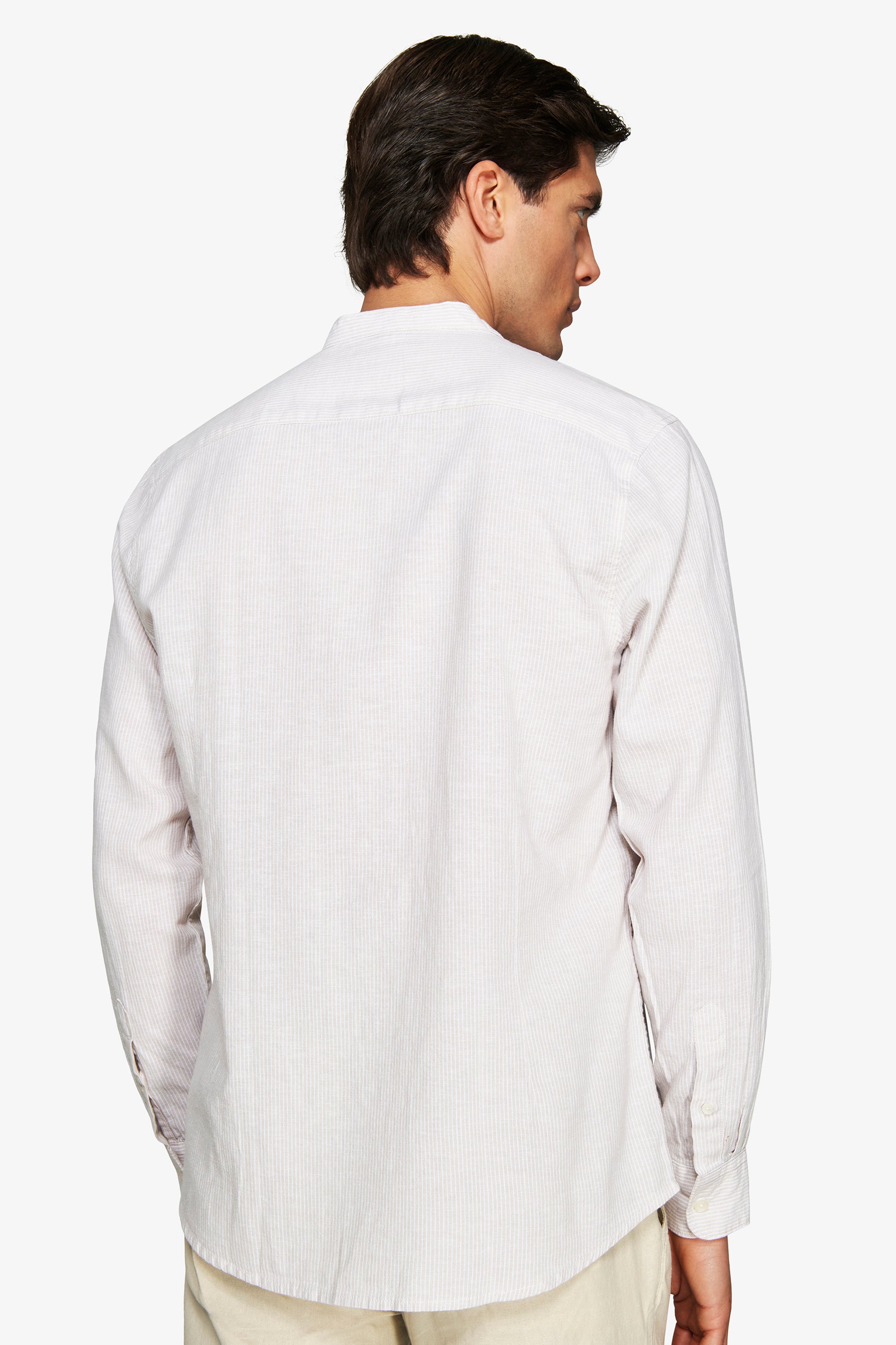 Sand linen blend striped mandarin collar shirt