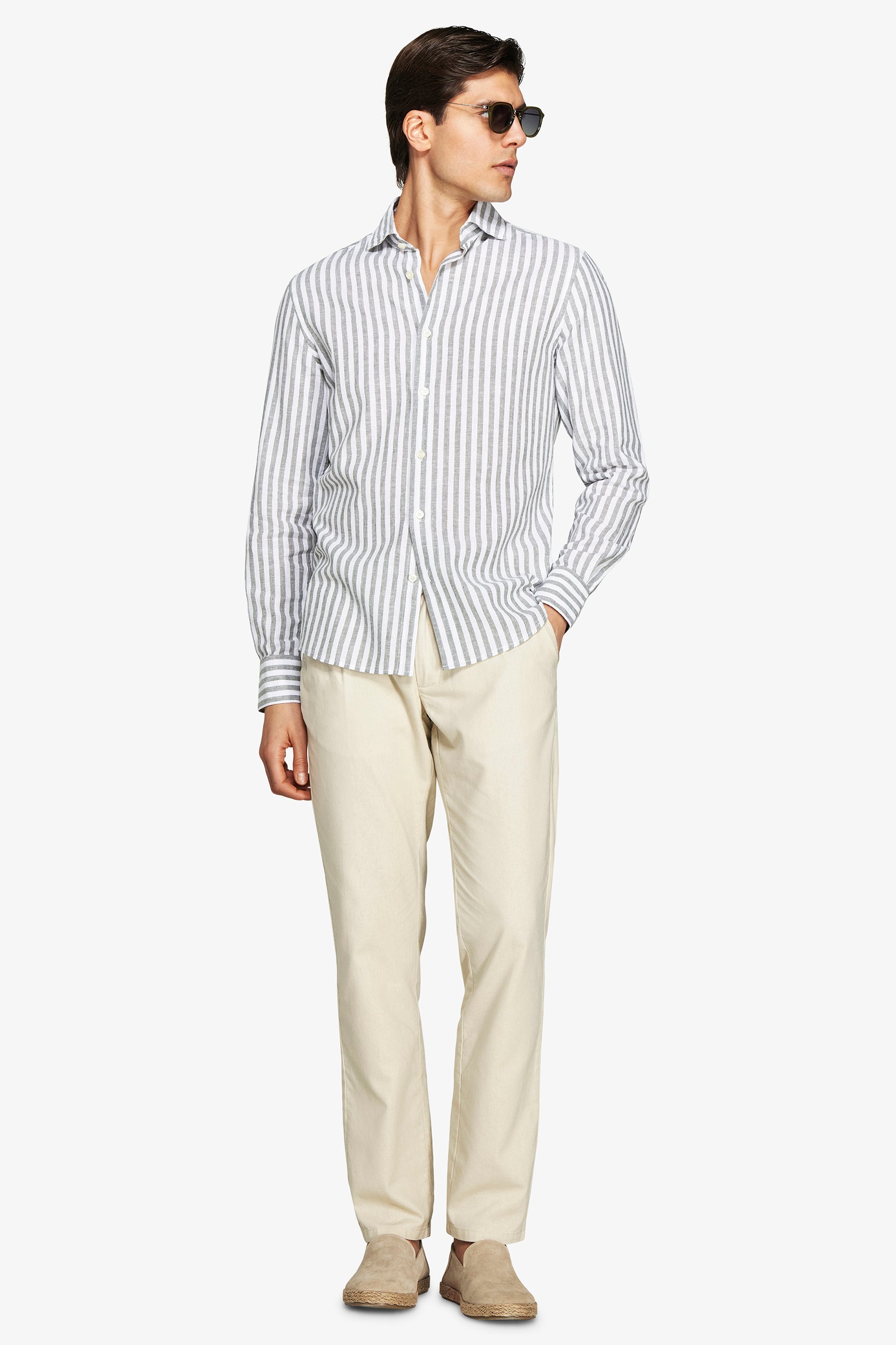 Camicia misto lino a righe verde-Dan John