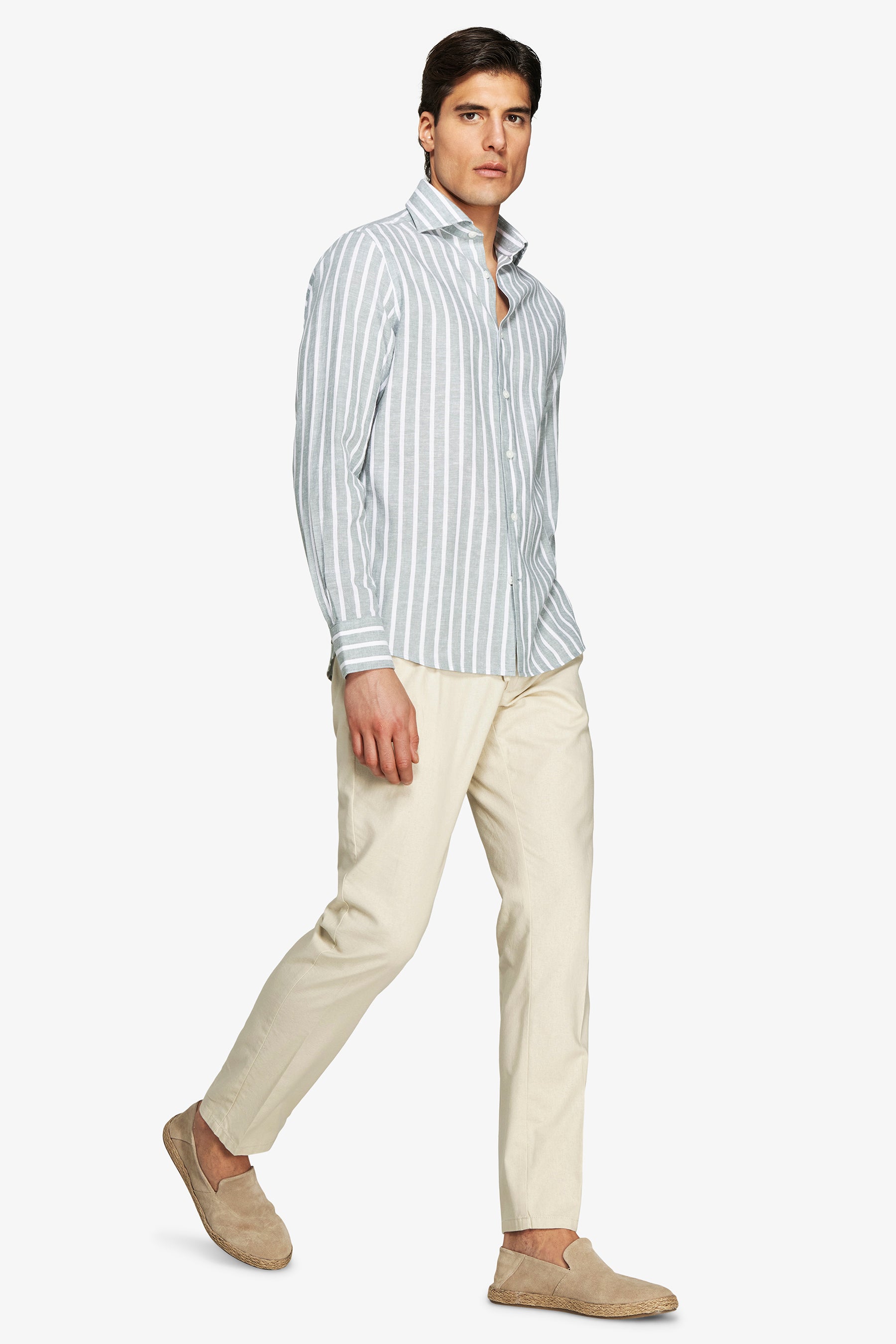 Green linen blend striped shirt