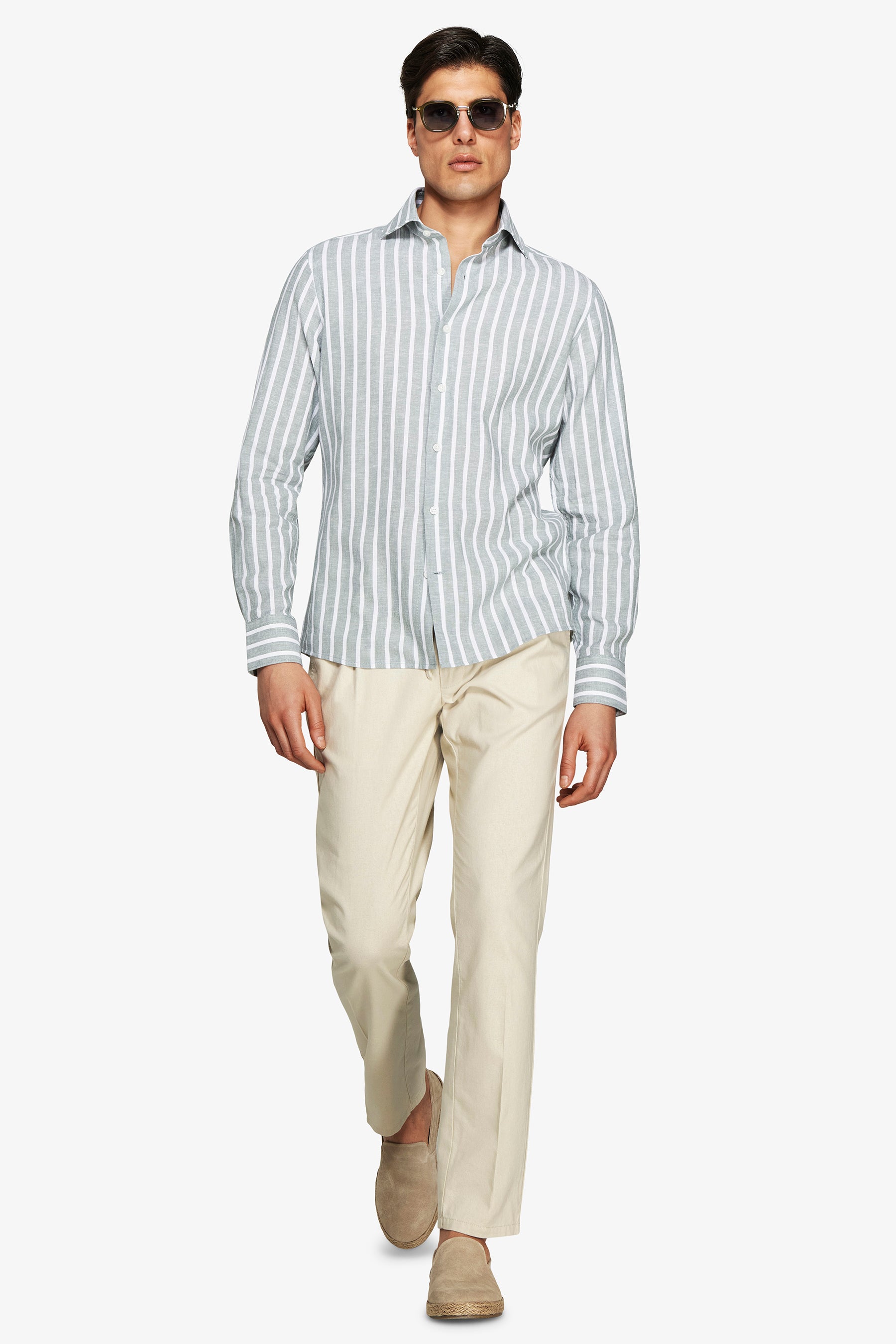 Green linen blend striped shirt