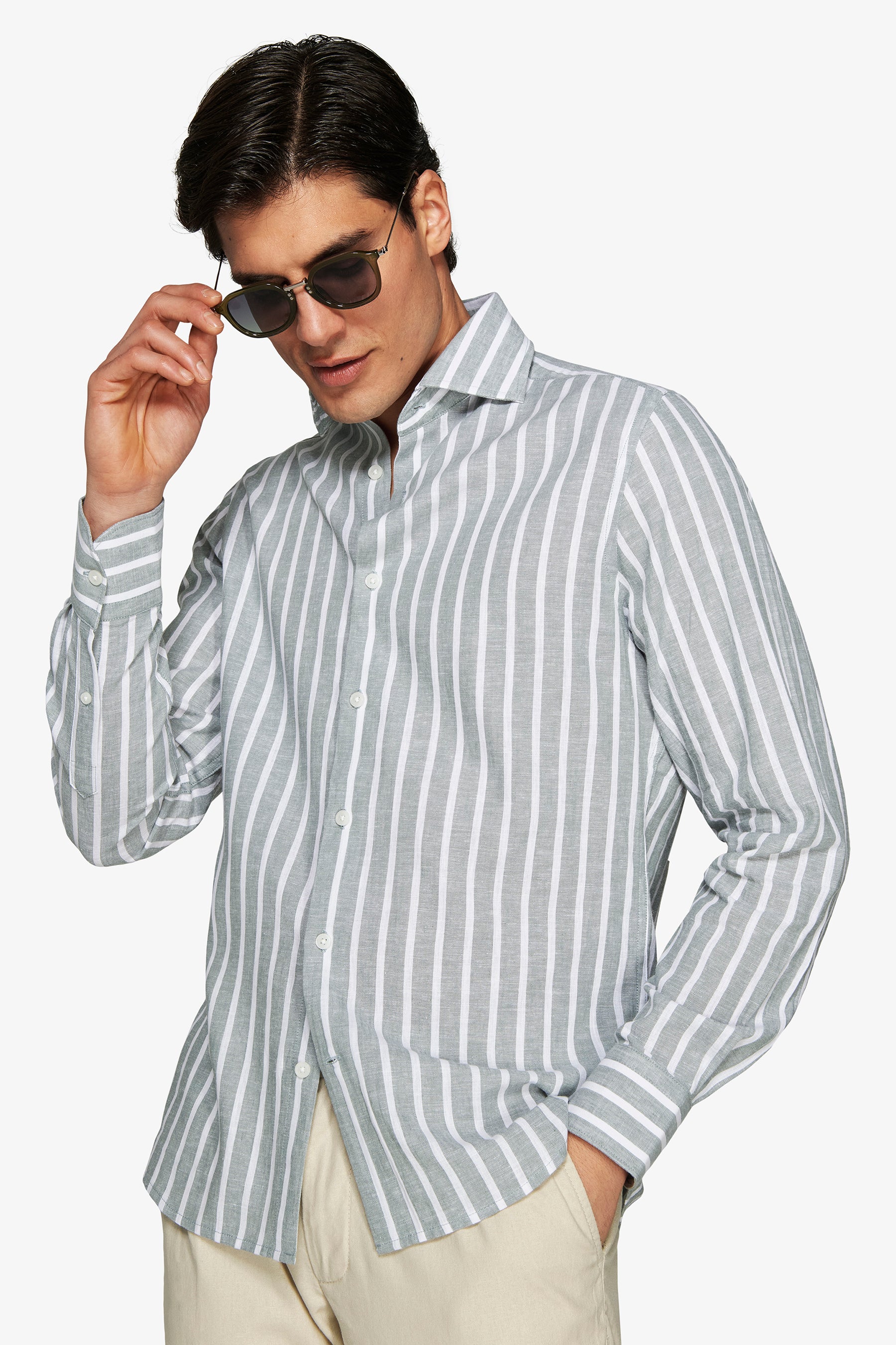 Green linen blend striped shirt