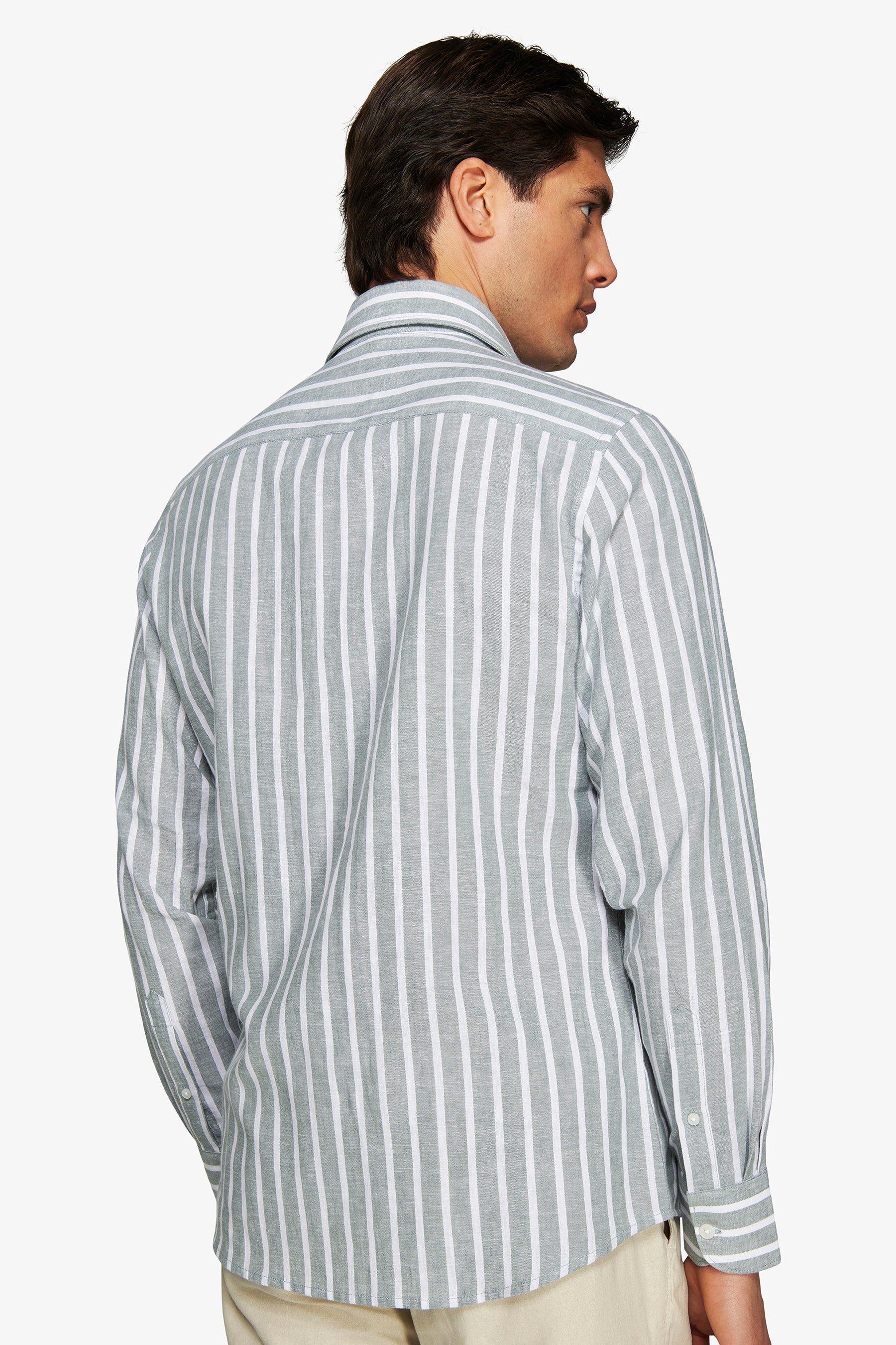 Green linen blend striped shirt
