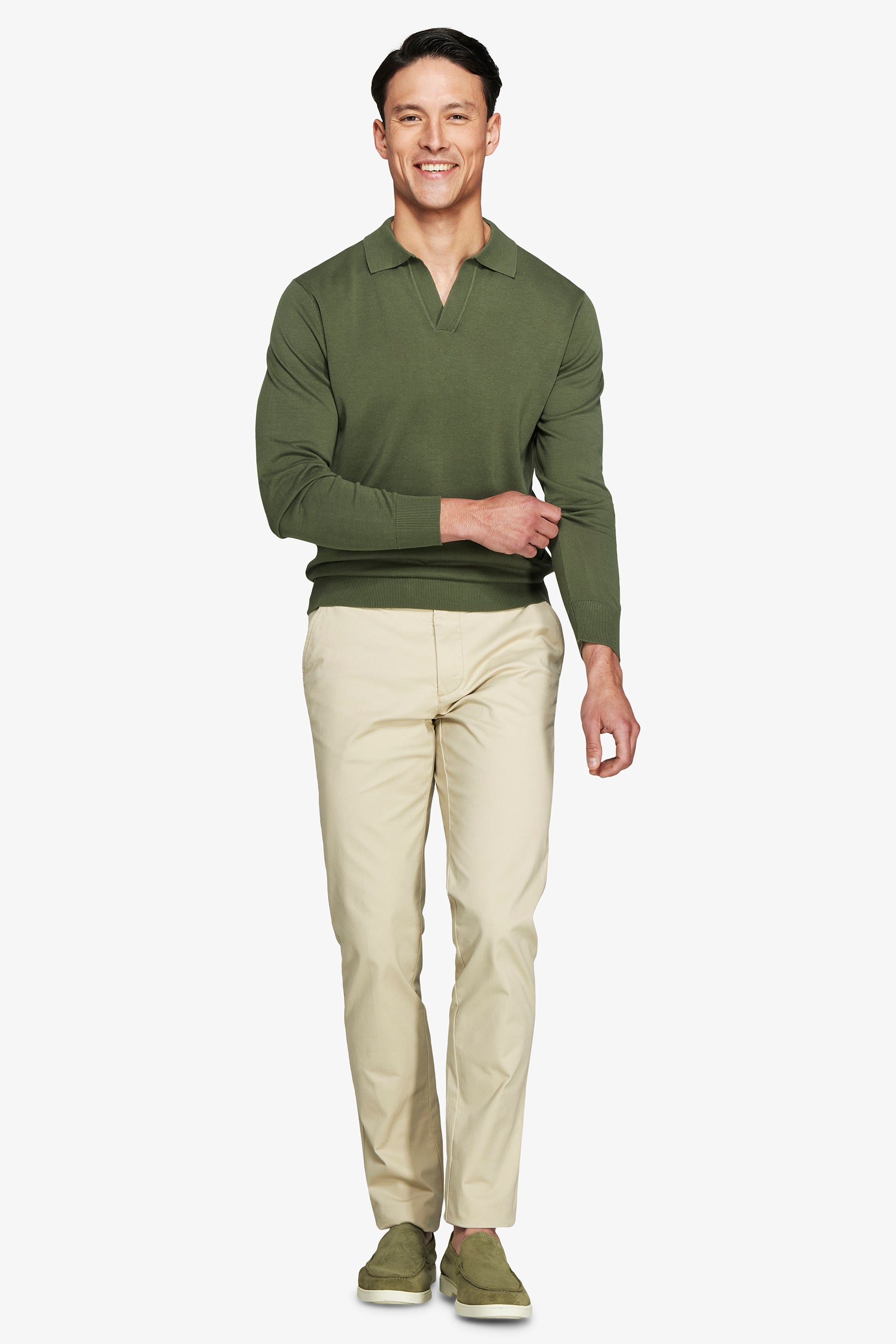 Green open collar knit polo
