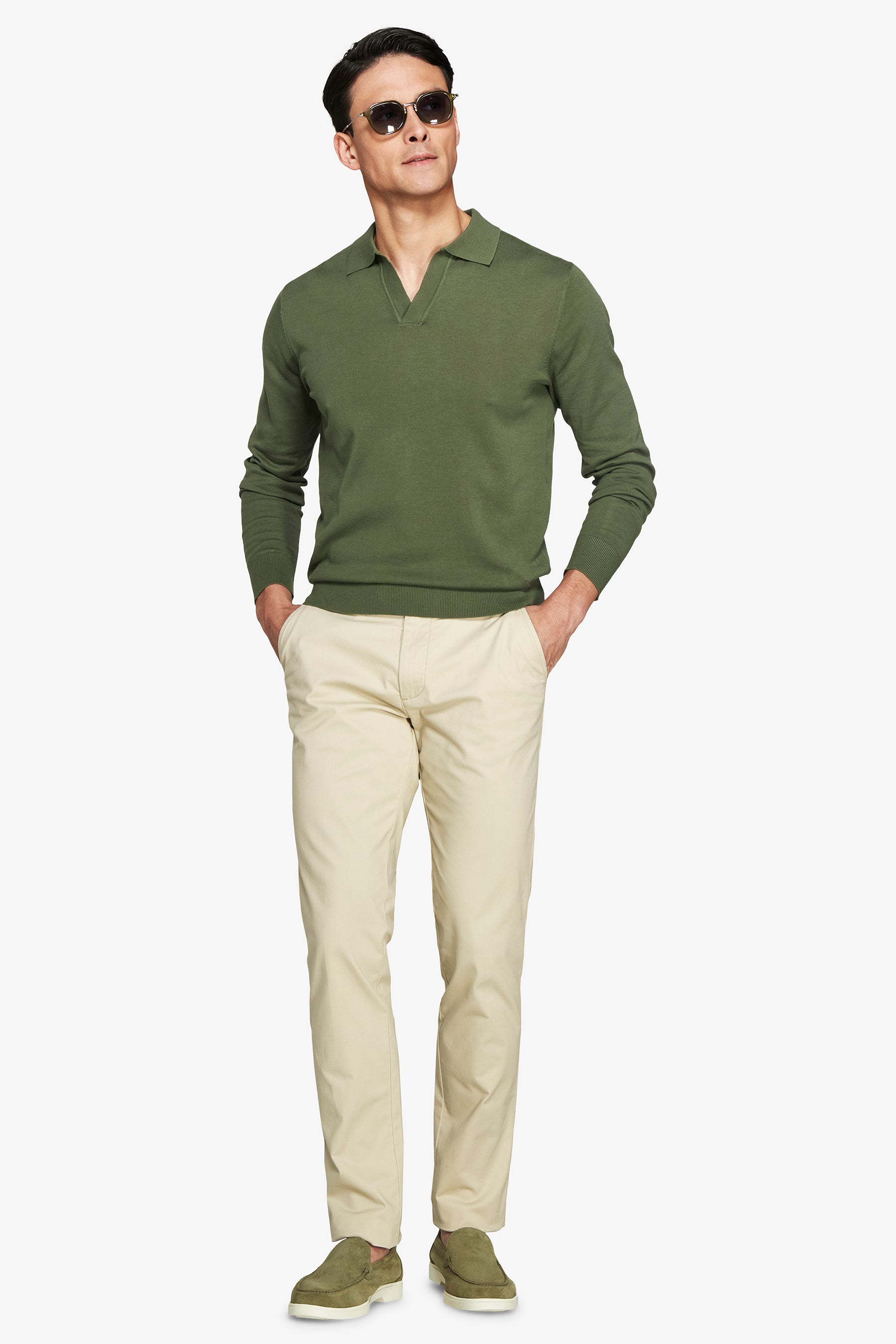 Green open collar knit polo