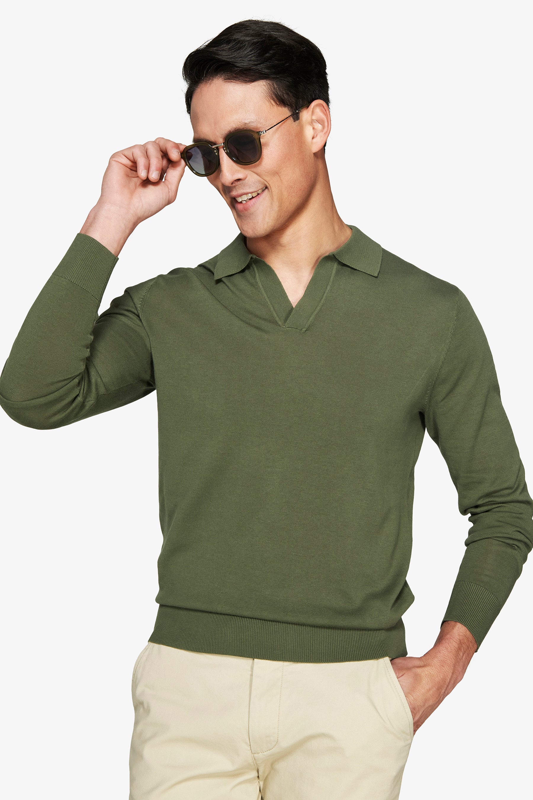 Green open collar knit polo