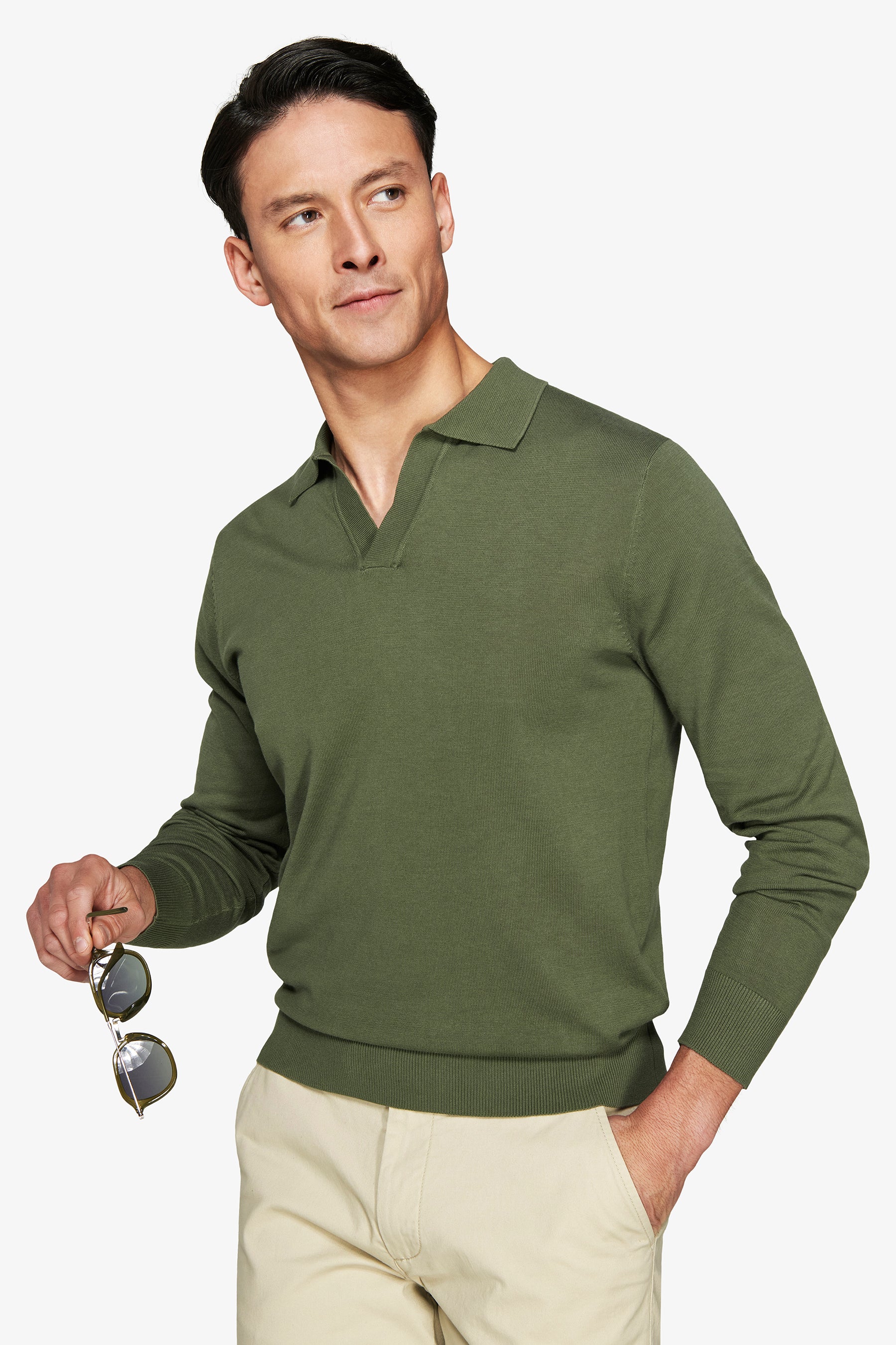 Green open collar knit polo