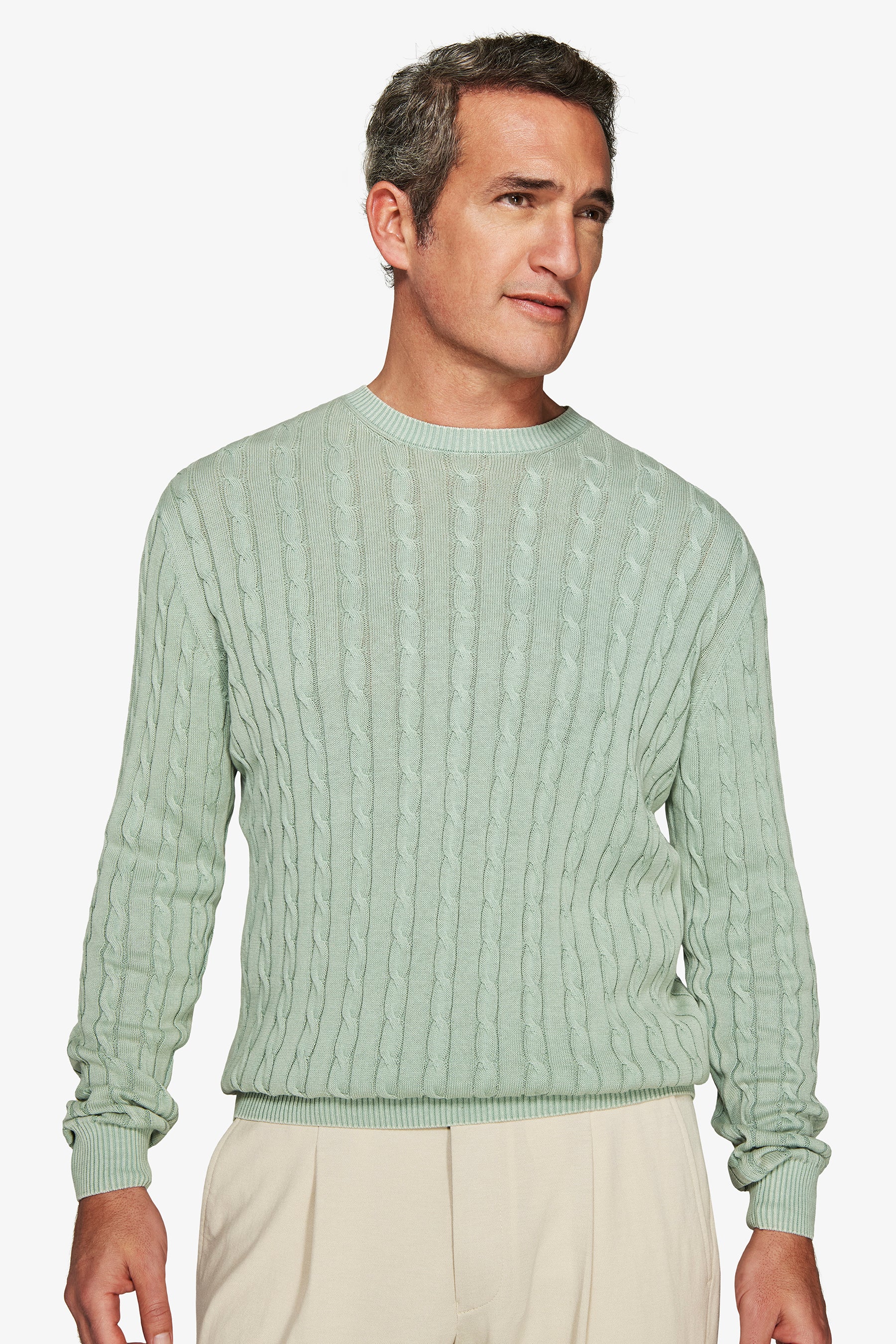 Maglia girocollo treccia costa piatta salvia-Dan John