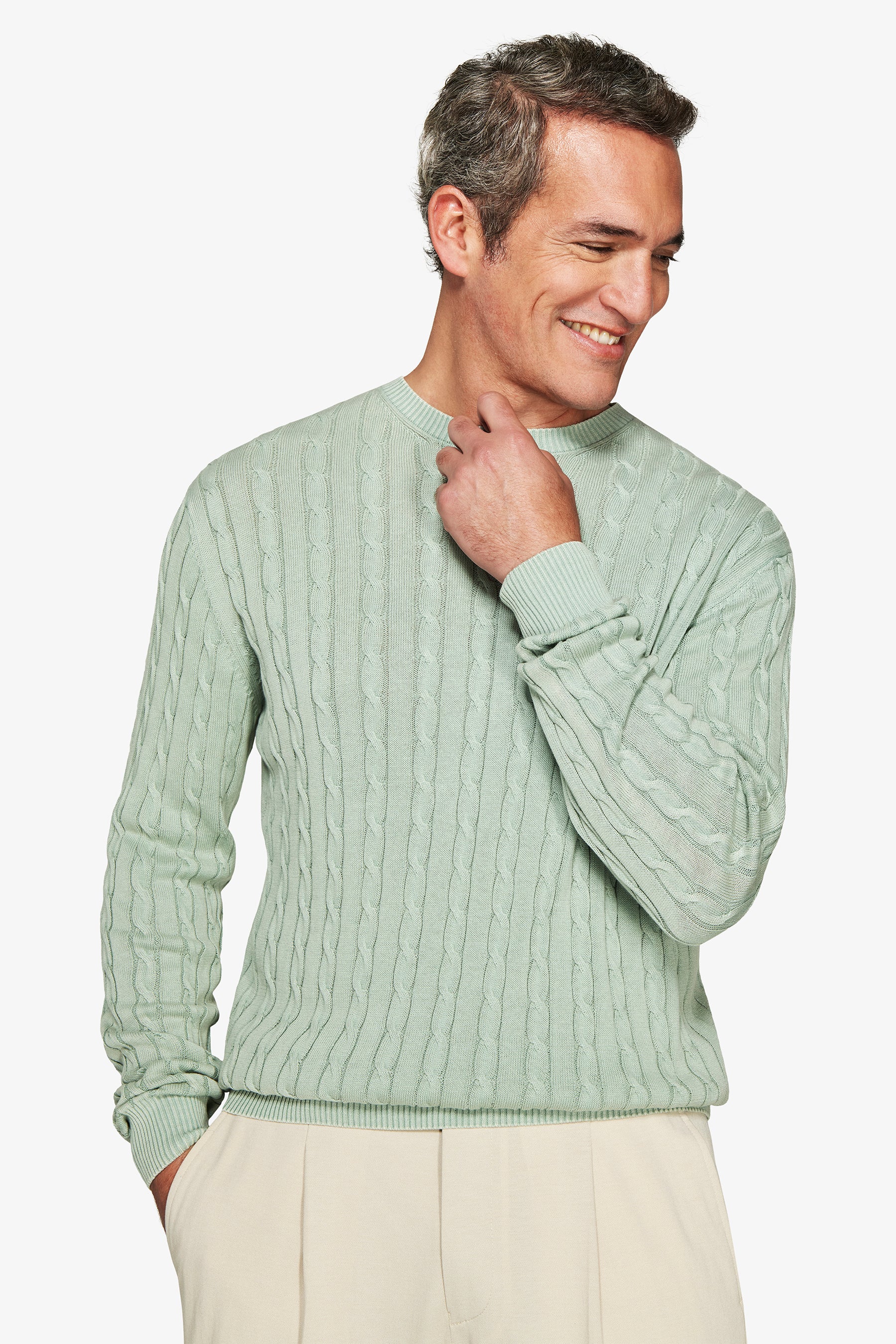 Maglia girocollo treccia costa piatta salvia-Dan John