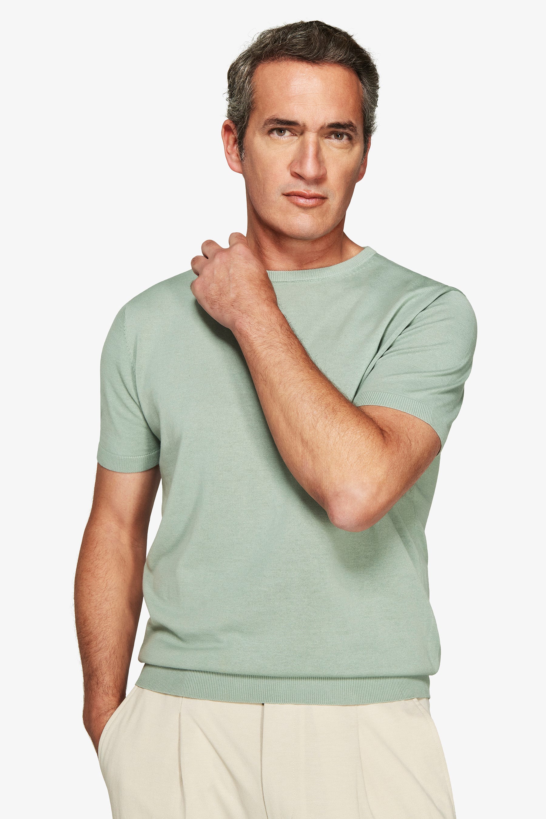 T-shirt in maglia basic in cotone verde chiaro-Dan John